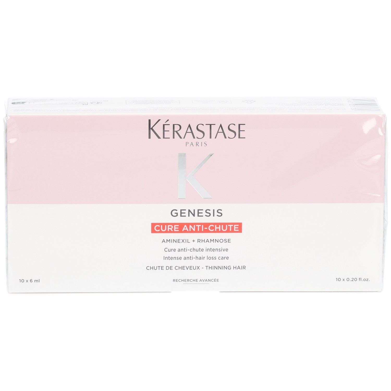 Kérastase Genesis Cure Anti-Chute Intensive Packung mit 10x6ml Ampullen, Vorderseite mit Logo und Produktname.