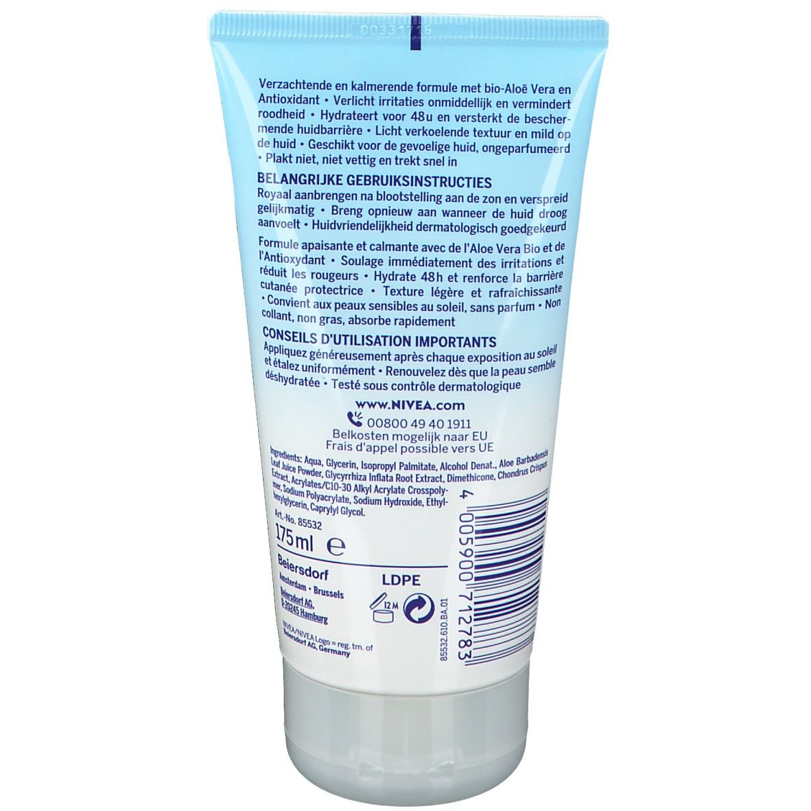 Achterkant van de tube NIVEA Sun After Sun Sensitive Creme-Gel. Tekst met productinfo en ingrediënten.
