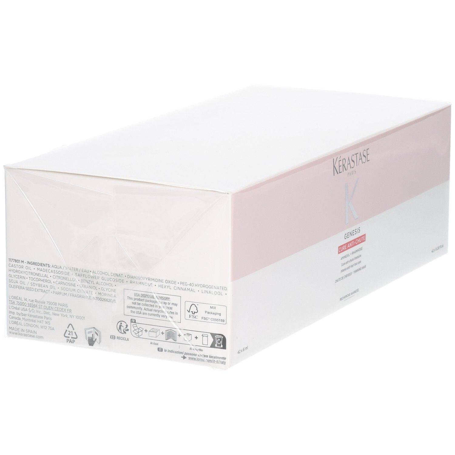 Rückseite der Kérastase Genesis Cure Anti-Chute Intensive Box mit Inhaltsstoffen und Symbolen.