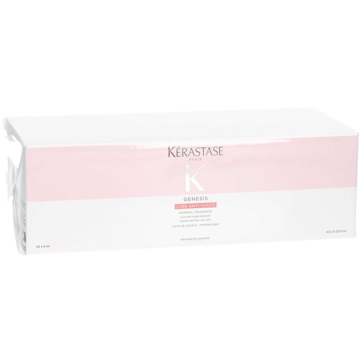 Kérastase Genesis Cure Anti-Chute Intensive Haarkur-Box, weiß mit rosa Band und Produktinformationen.