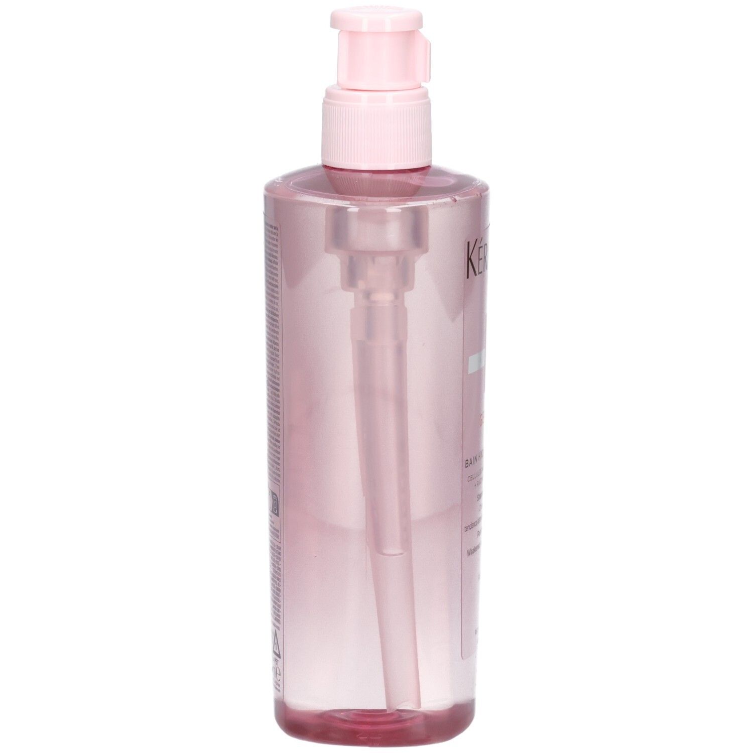 Rückseite der Kérastase Genesis Bain Hydra-Fortifiant Flasche mit rosa Pumpspender.