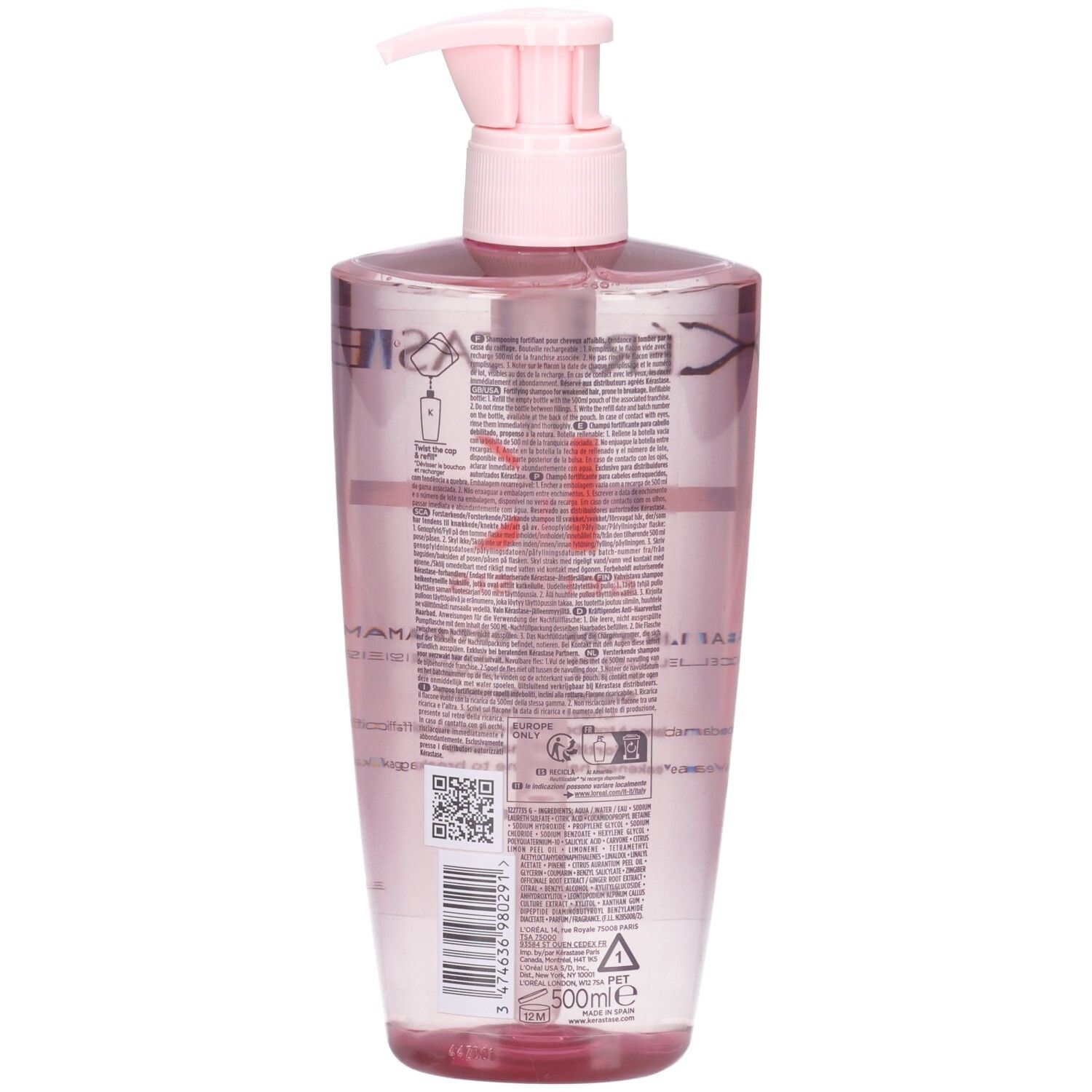 Rückseite der Kérastase Genesis Bain Hydra-Fortifiant Flasche mit rosa Pumpspender und Etikett.