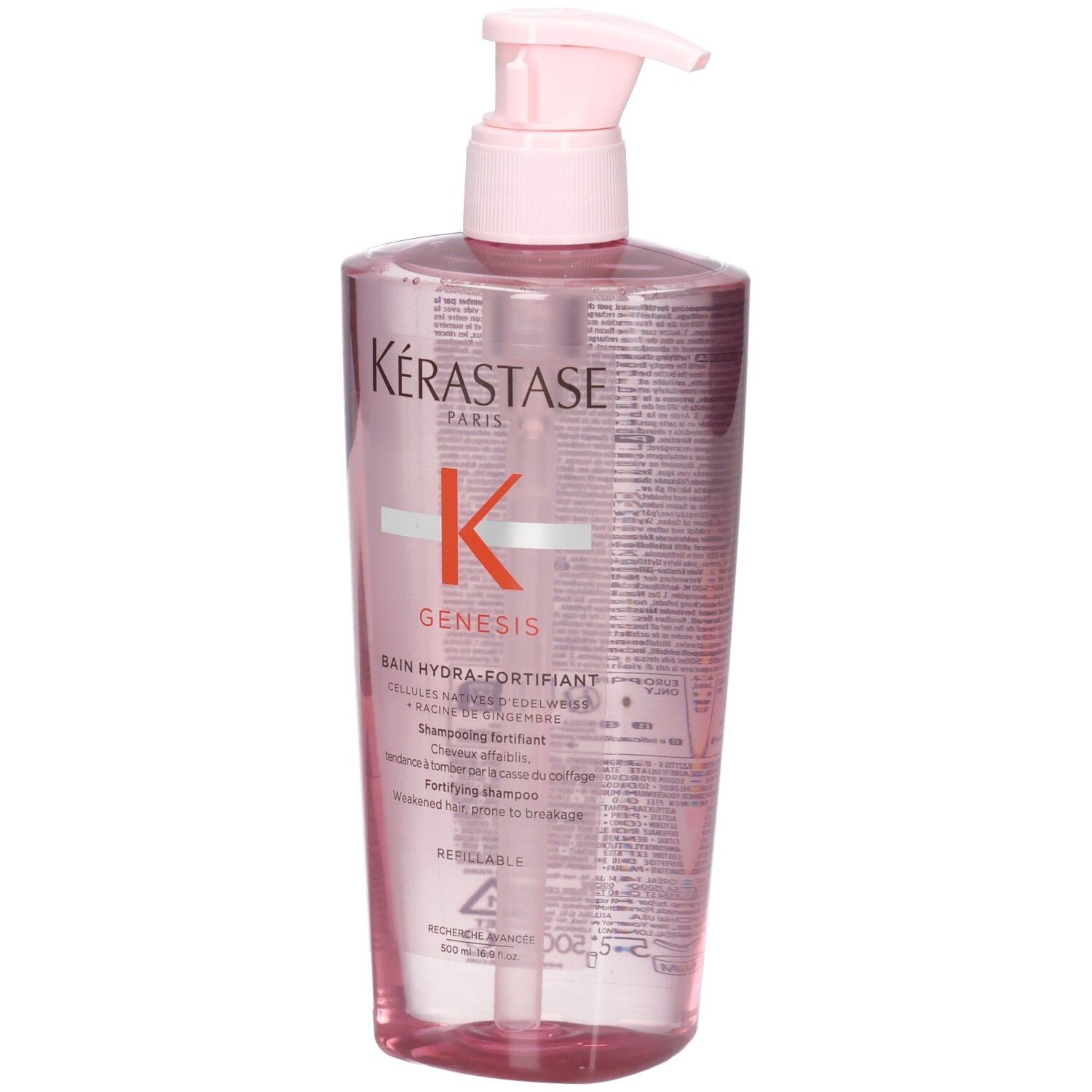 Kérastase Genesis Bain Hydra-Fortifiant Flasche mit rosa Pumpspender, Vorderansicht.