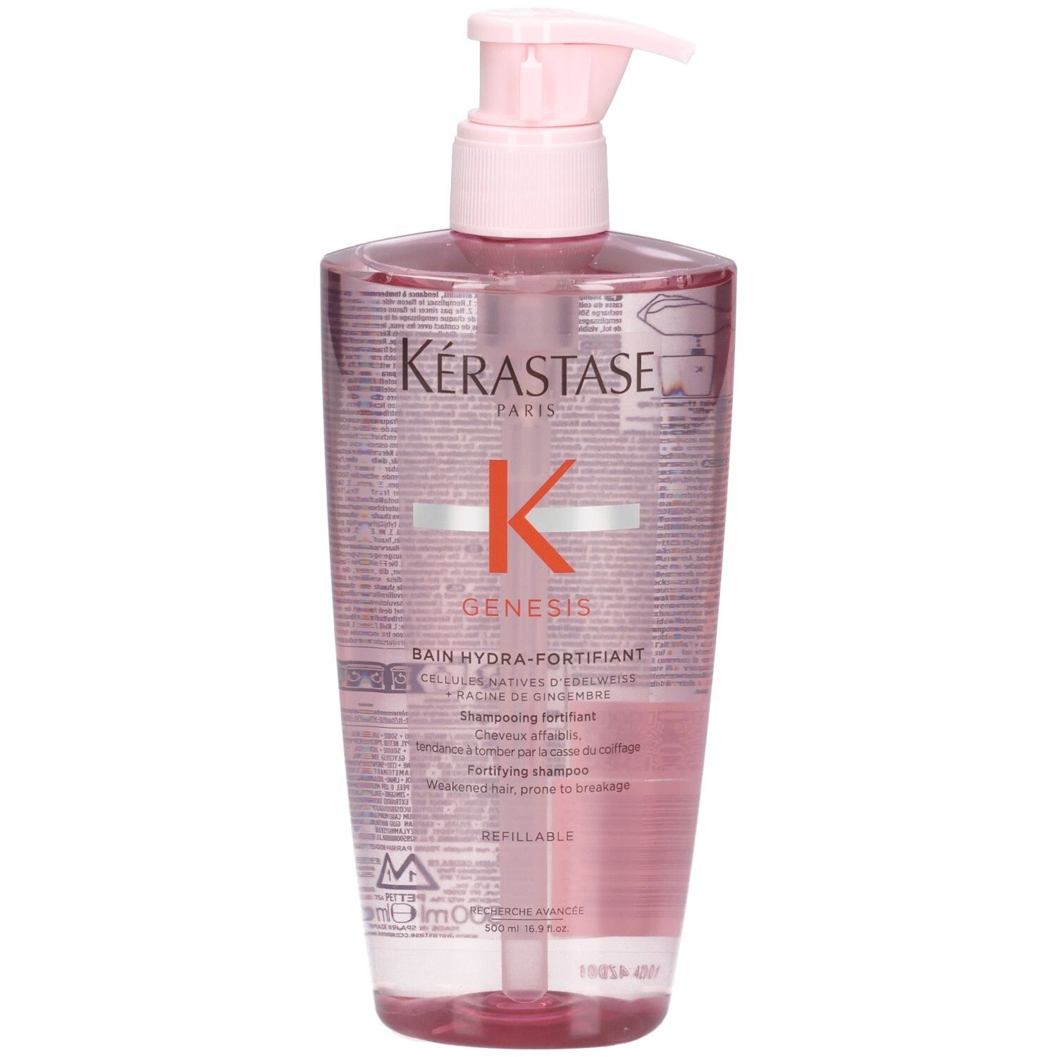 Kérastase Genesis Bain Hydra-Fortifiant Flasche mit rosa Pumpspender, leicht schräg.