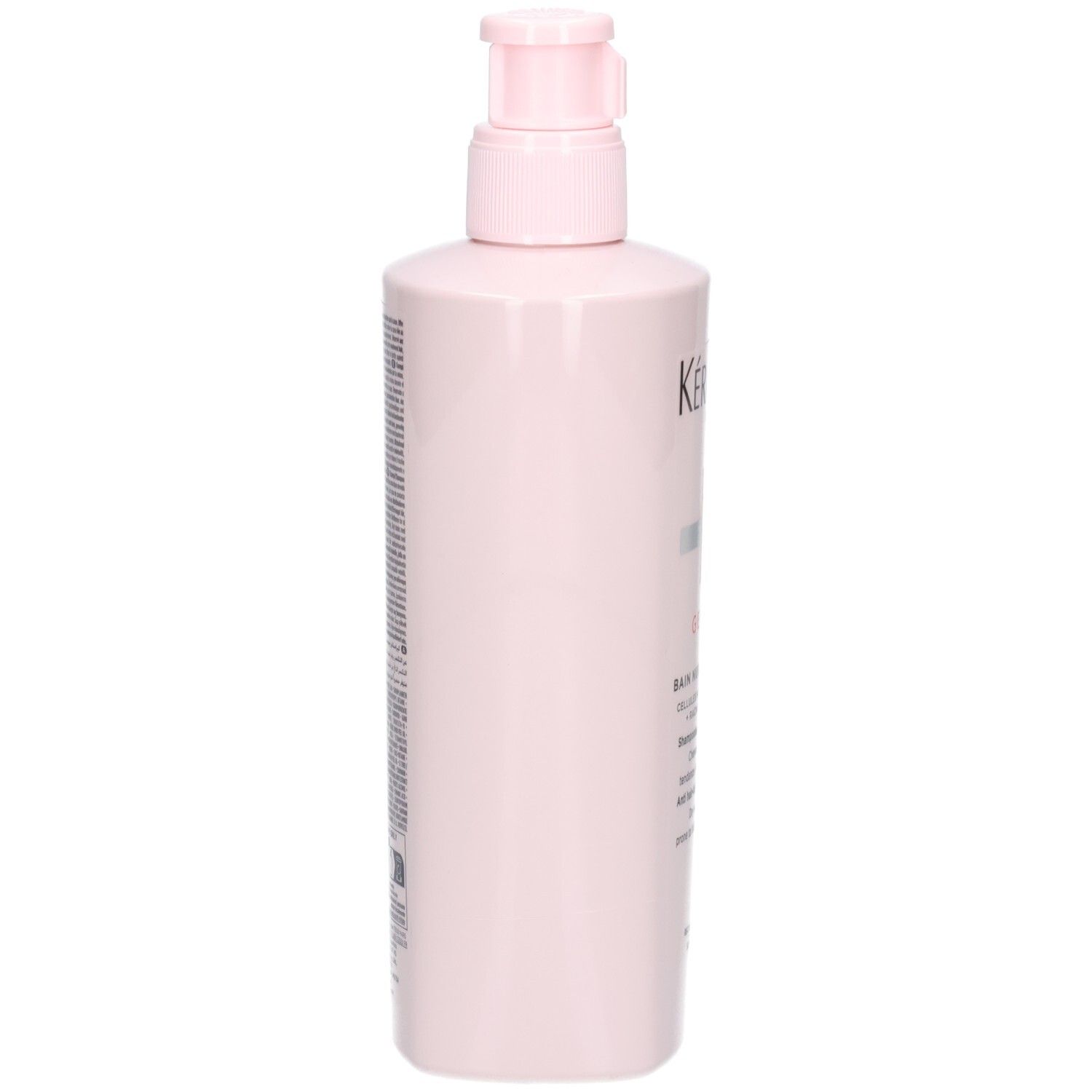 Rückseite der Kérastase Genesis Bain Nutri-Fortifiant Shampoo-Flasche mit Produktinformationen.