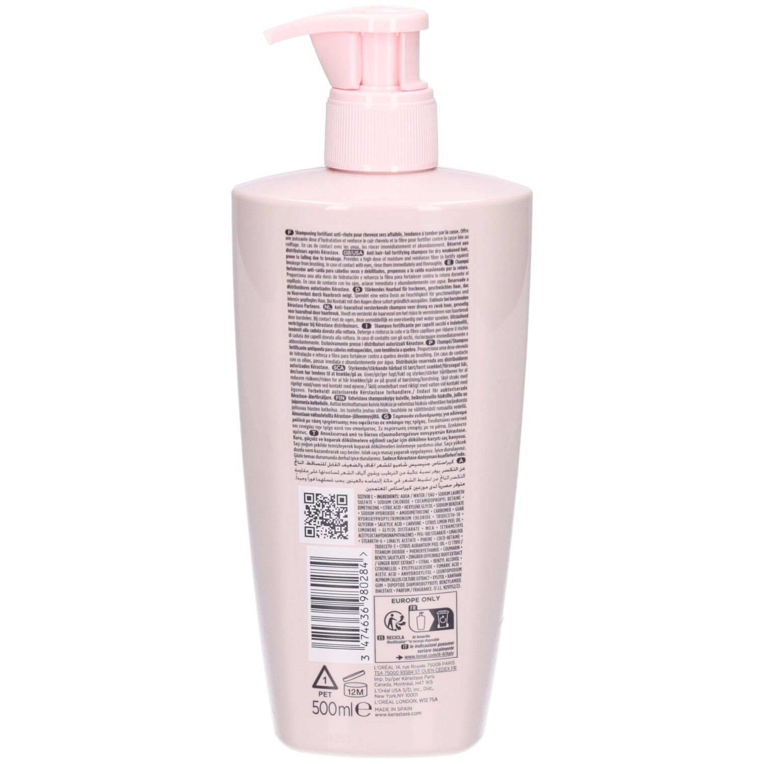 Rückseite der Kérastase Genesis Bain Nutri-Fortifiant Shampoo-Flasche mit Etikett und Barcode.