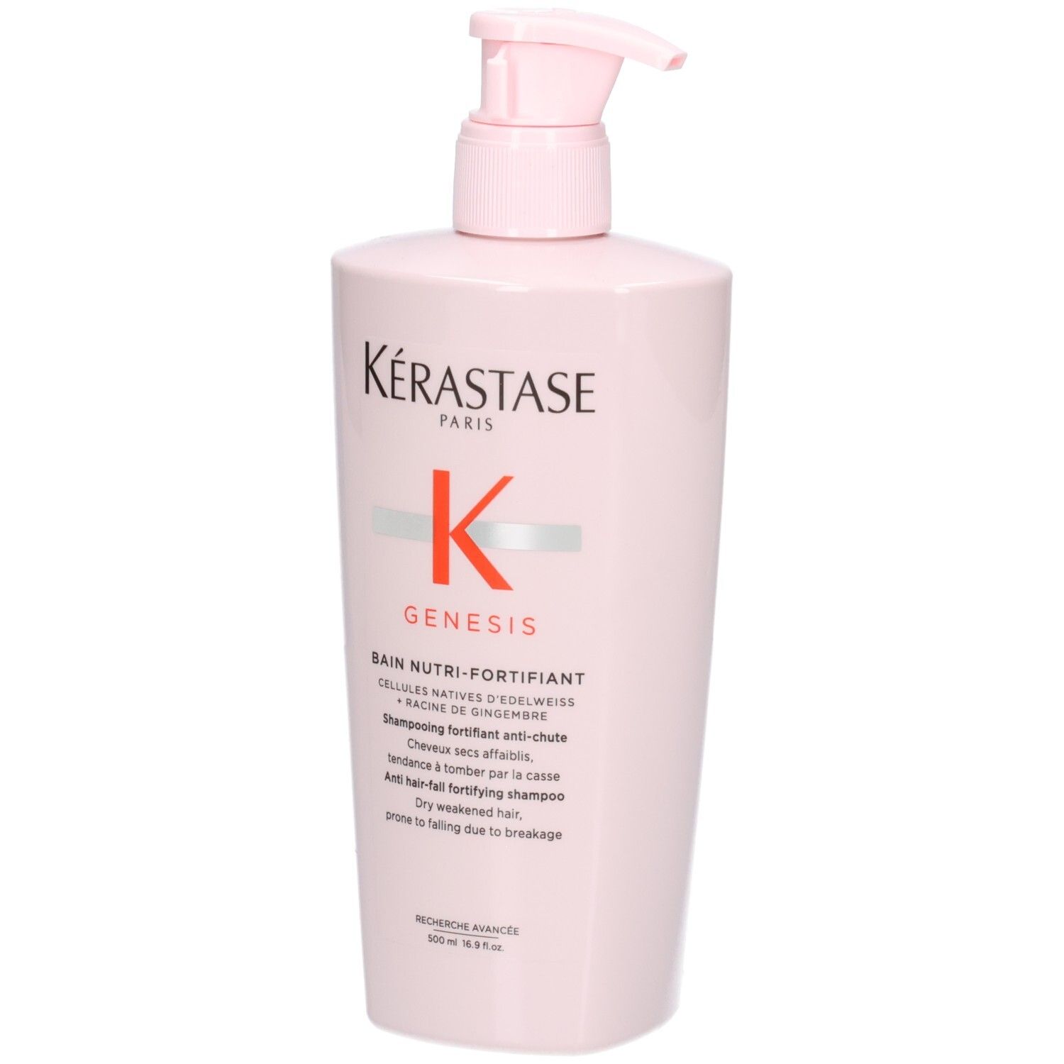 Kérastase Genesis Bain Nutri-Fortifiant Shampoo in rosa Flasche mit Pumpspender, Vorderansicht.