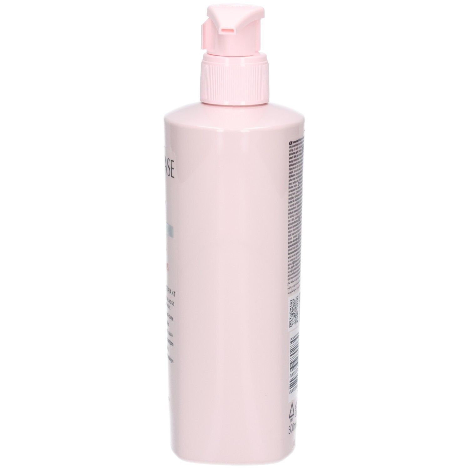 Seitenansicht der rosa Kérastase Genesis Bain Nutri-Fortifiant Shampoo-Flasche mit Pumpspender.