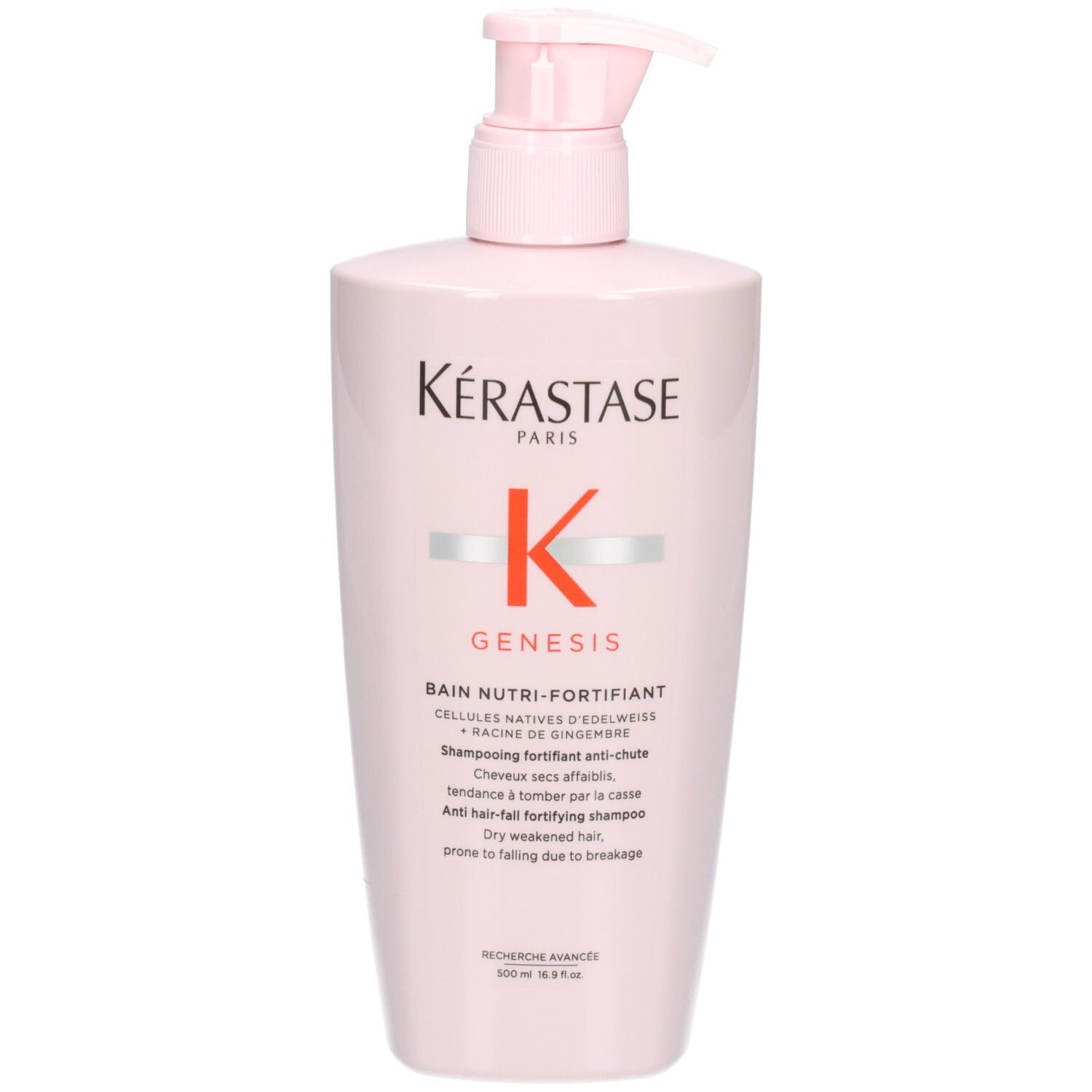 Kérastase Genesis Bain Nutri-Fortifiant Shampoo in rosa Flasche mit Pumpspender, Frontalansicht.
