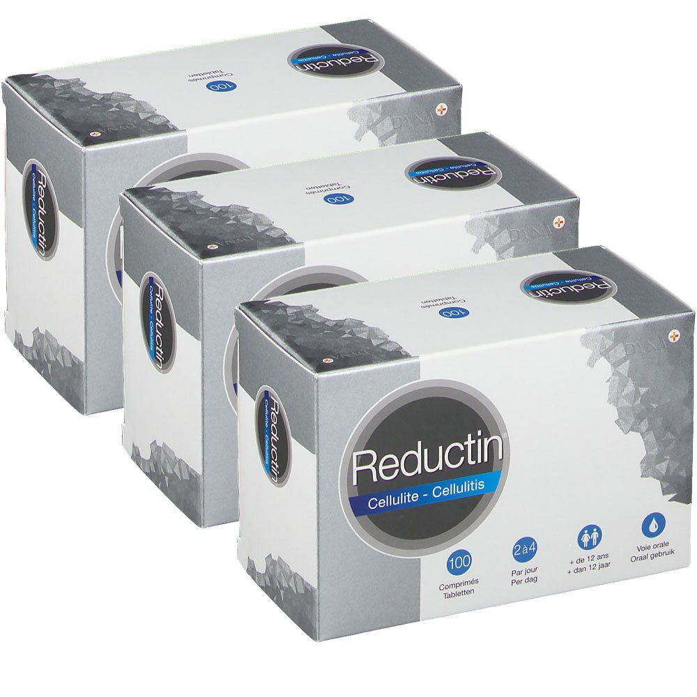 Drie grijze dozen met "Reductin Cellulite". Opschrift "100 tabletten".