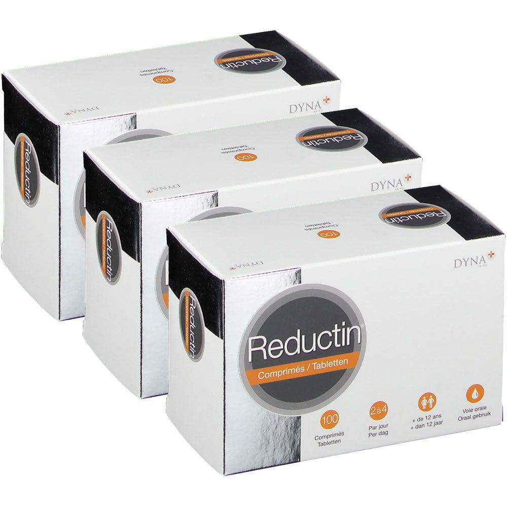 Trois boîtes blanches avec impression du produit. Impression : Reductin, comprimés. Éléments noirs et orange. Logo Dyna+.