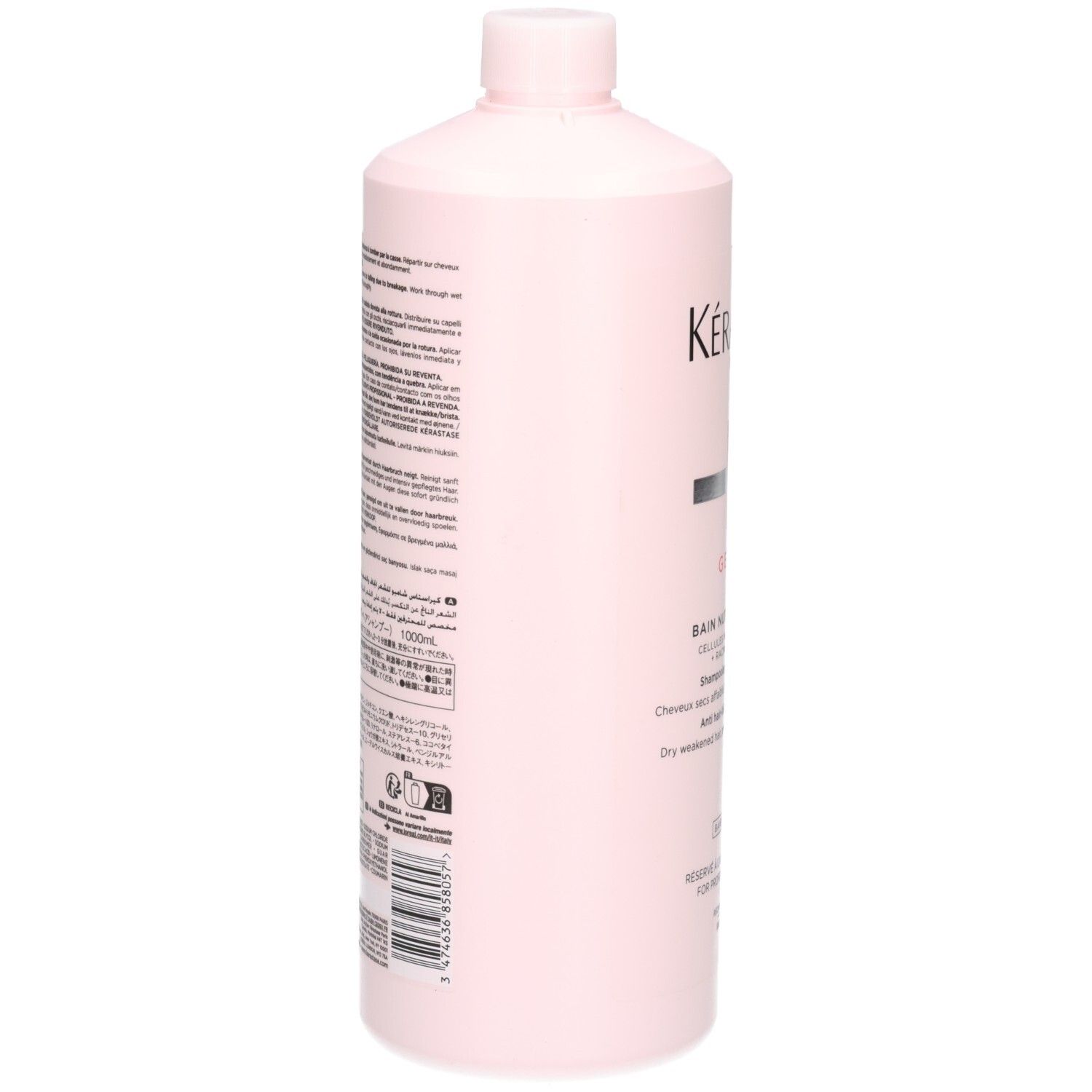 Rückseite der Kérastase Genesis Bain Hydra-Fortifiant Shampoo Flasche mit Text.