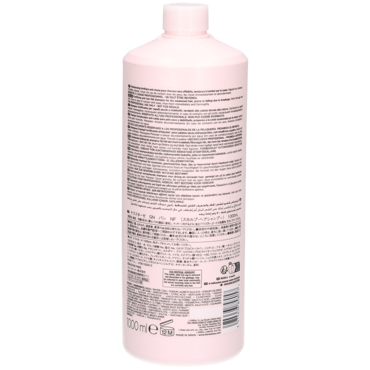 Rückseite der Kérastase Genesis Bain Hydra-Fortifiant Shampoo Flasche mit Text und Barcode.