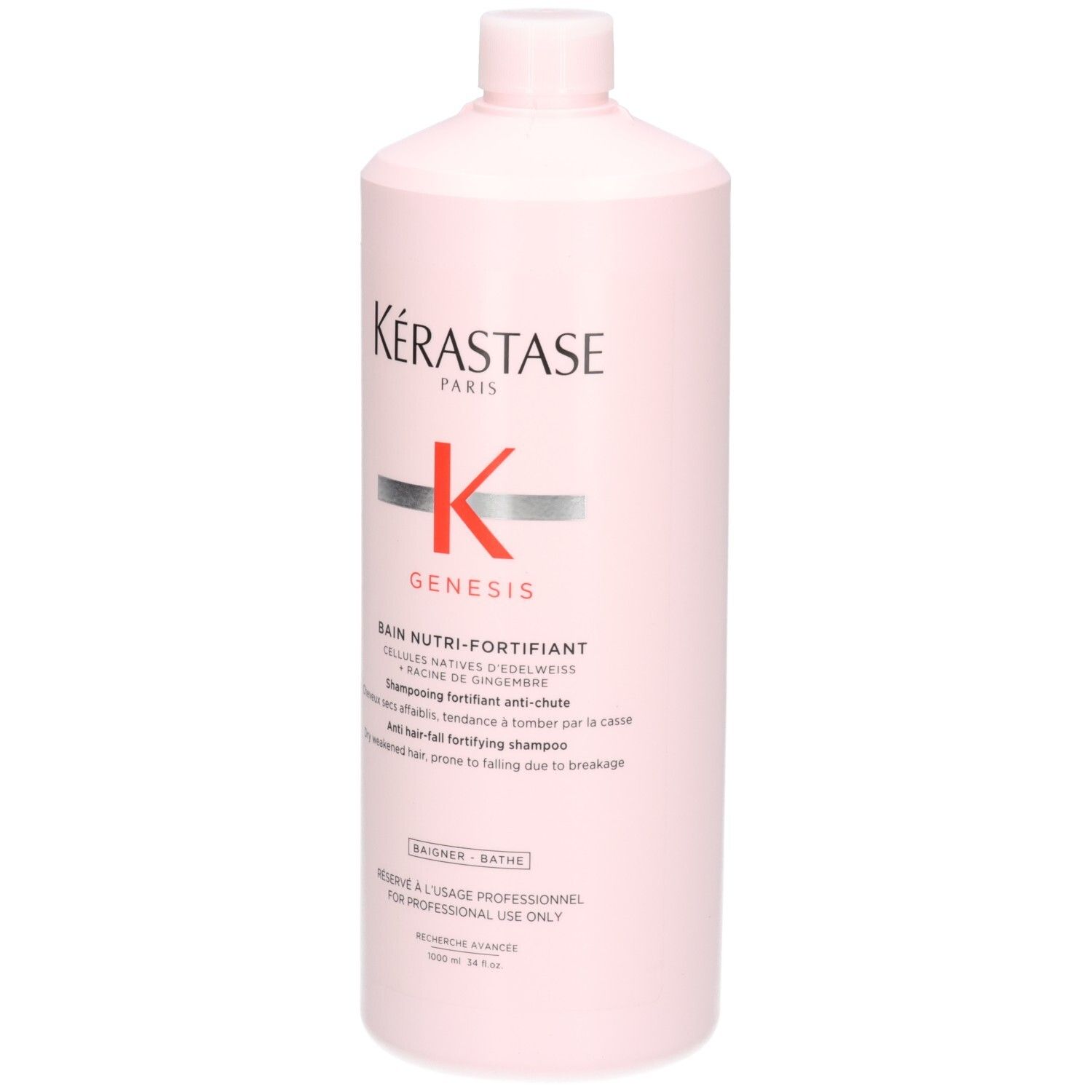 Kérastase Genesis Bain Hydra-Fortifiant Shampoo, 1000ml, rosa Flasche, Vorderansicht.