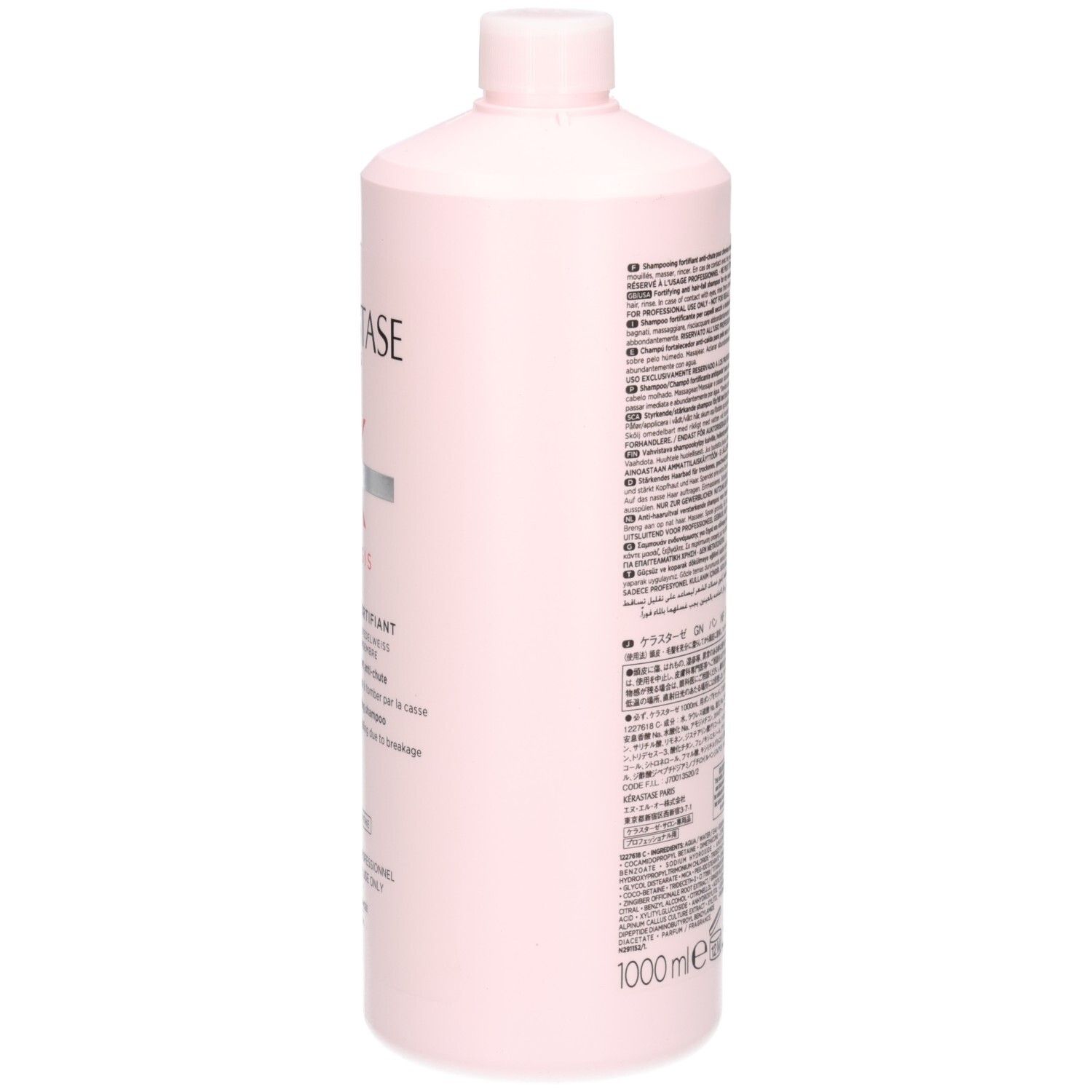 Seite der Kérastase Genesis Bain Hydra-Fortifiant Shampoo Flasche mit Text.