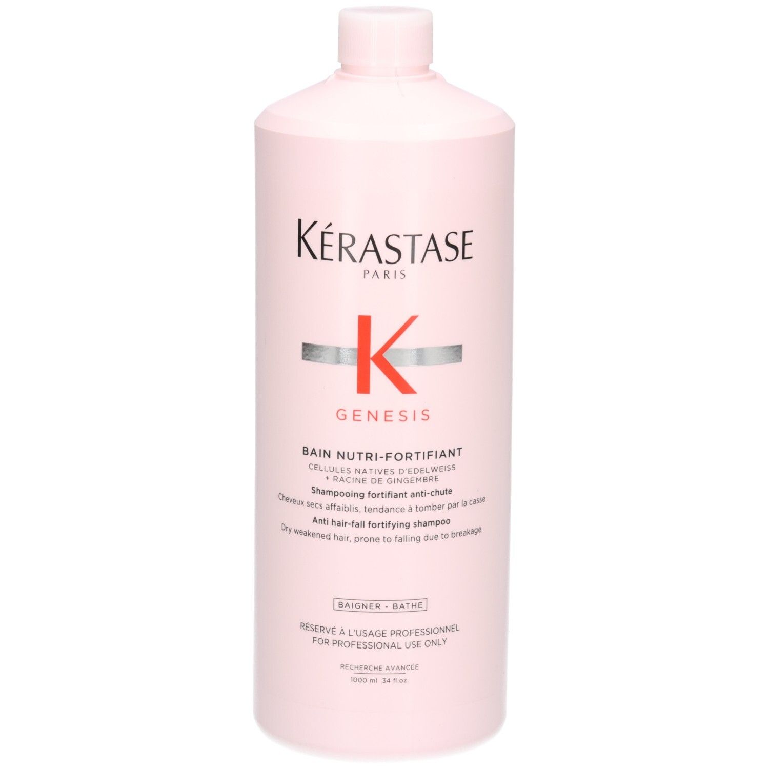 Kérastase Genesis Bain Hydra-Fortifiant Shampoo, 1000ml, rosa Flasche, mit Text.