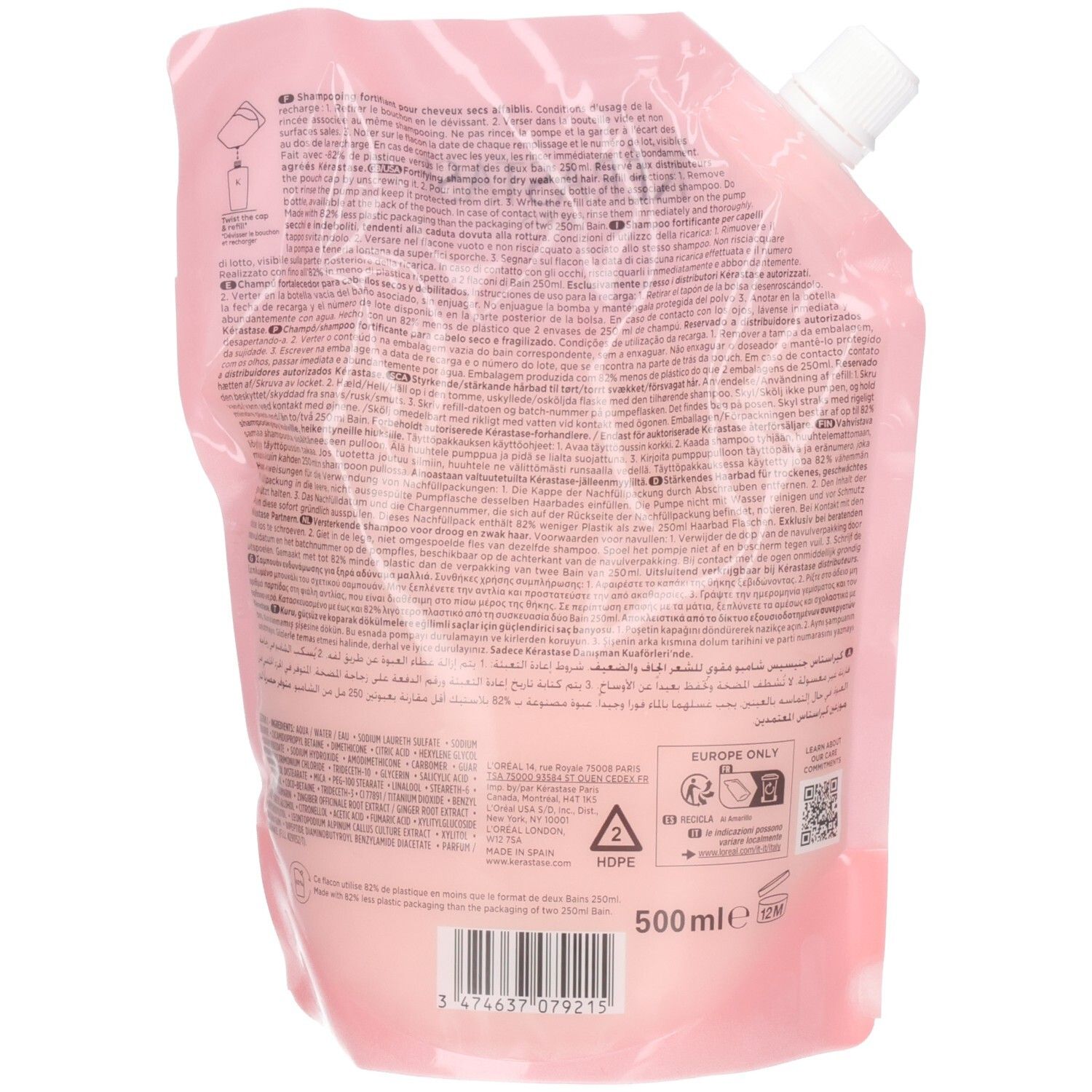 Rückseite des Kérastase Genesis Bain Nutri-Fortifiant Shampoo Nachfüllbeutels, 500ml. Enthält Anweisungen und Produktinformationen.