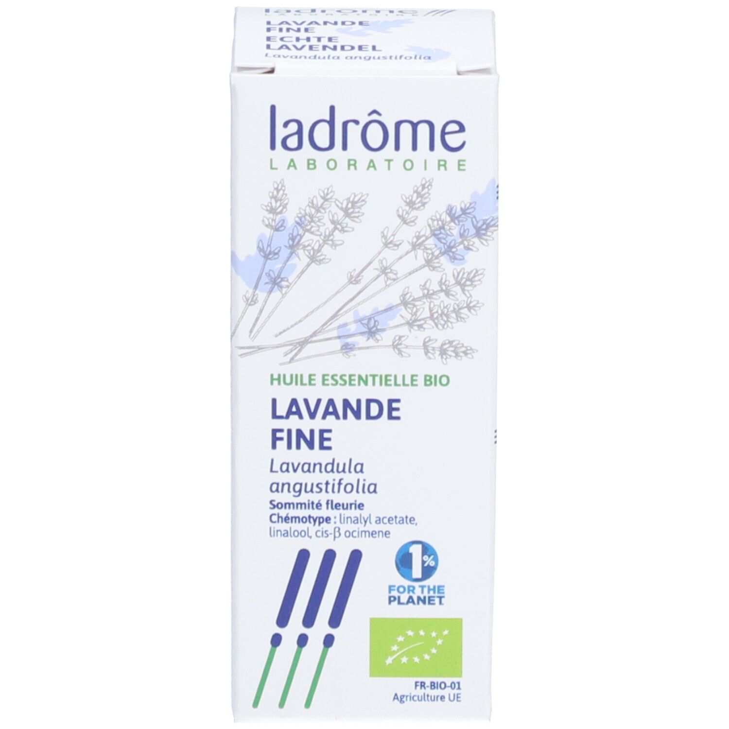 Boîte blanche avec informations produit et logo. Illustration de lavande.