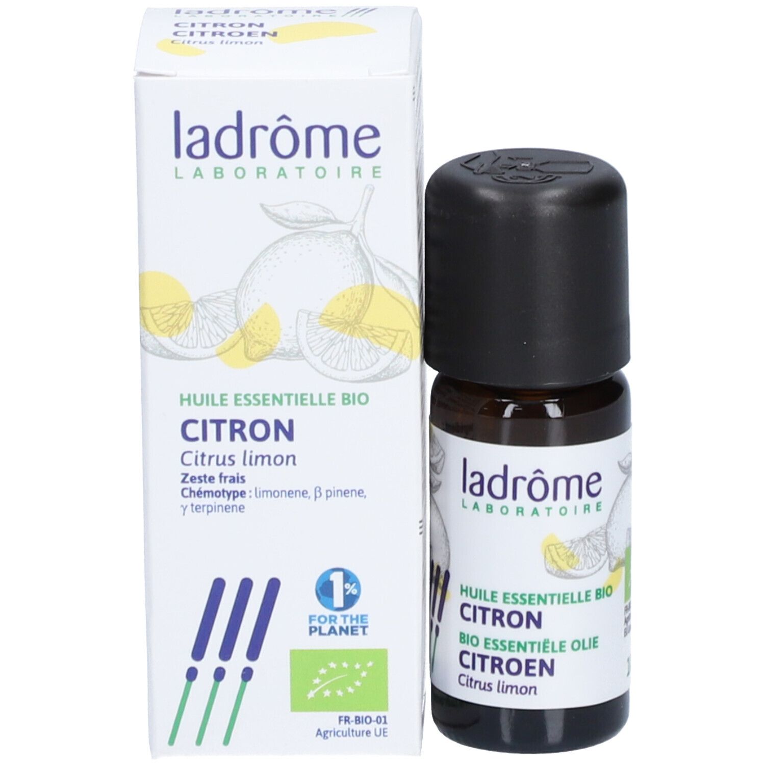 Flacon en verre brun avec bouchon noir et boîte. Inscription : HUILE ESSENTIELLE BIO CITRON. Marque : Ladrôme.