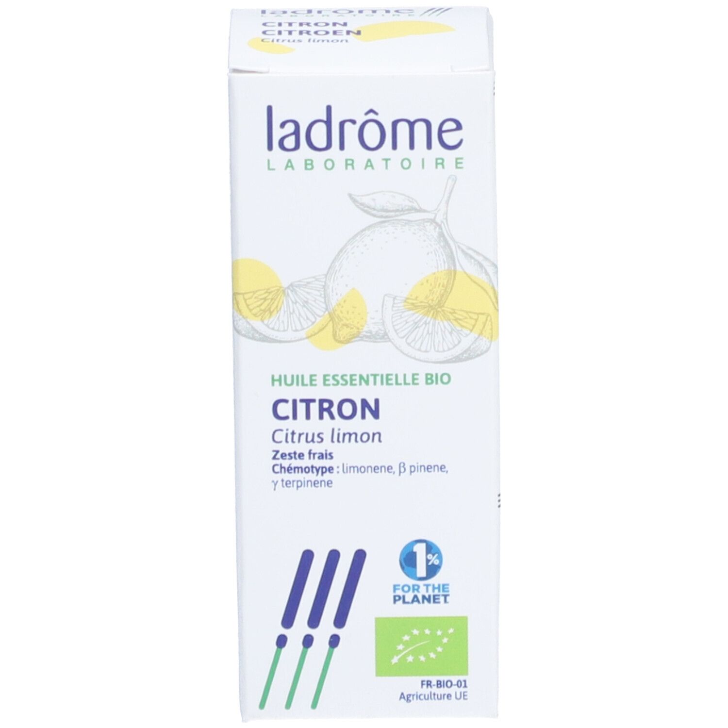Boîte avec inscription : HUILE ESSENTIELLE BIO CITRON. Marque : Ladrôme. Avec logo : 1% FOR THE PLANET.