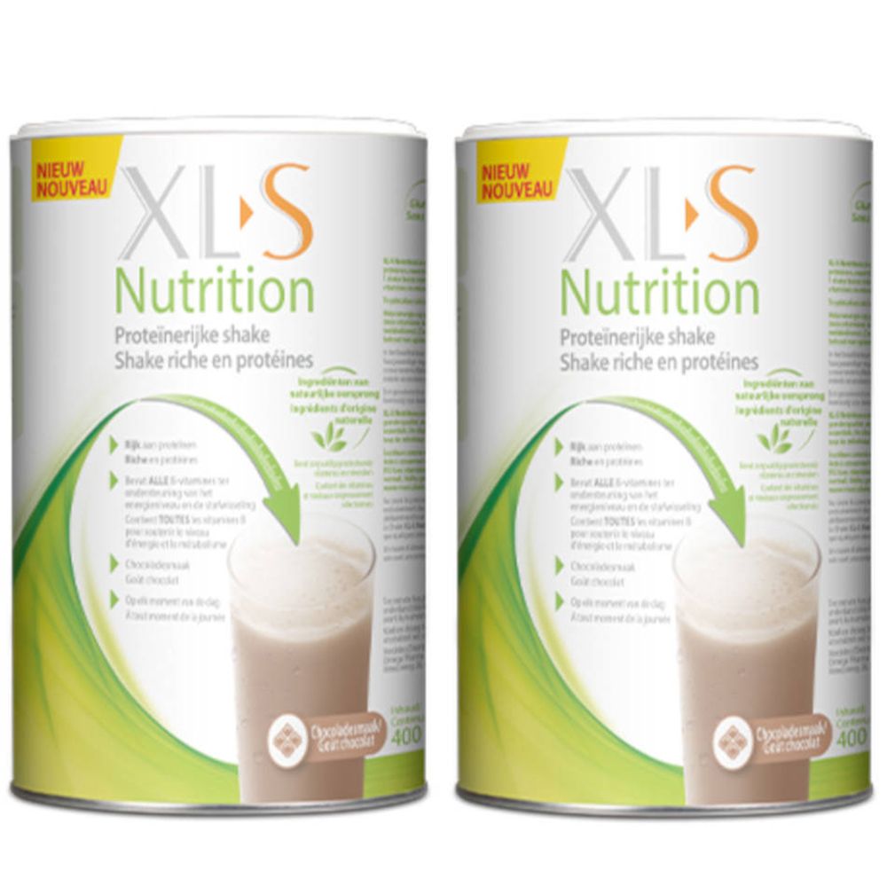 Twee blikken XL-S Nutrition Shake. Opschrift: Proteinerijke shake, Shake riche en protéines. Met afbeelding van drank.