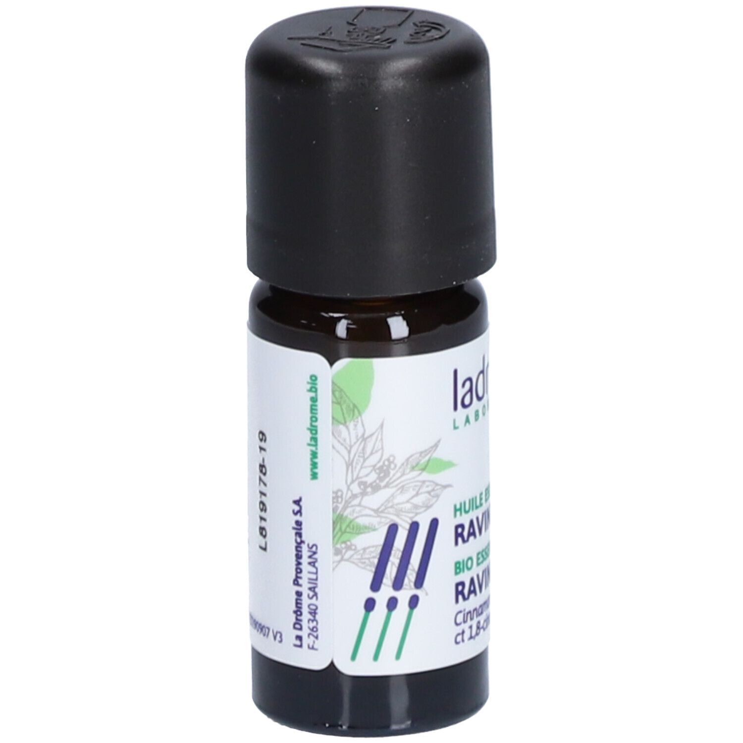 Bruine glazen fles met zwarte dop. Opschrift: Huile Essentielle Bio Ravintsara. Label met logo.