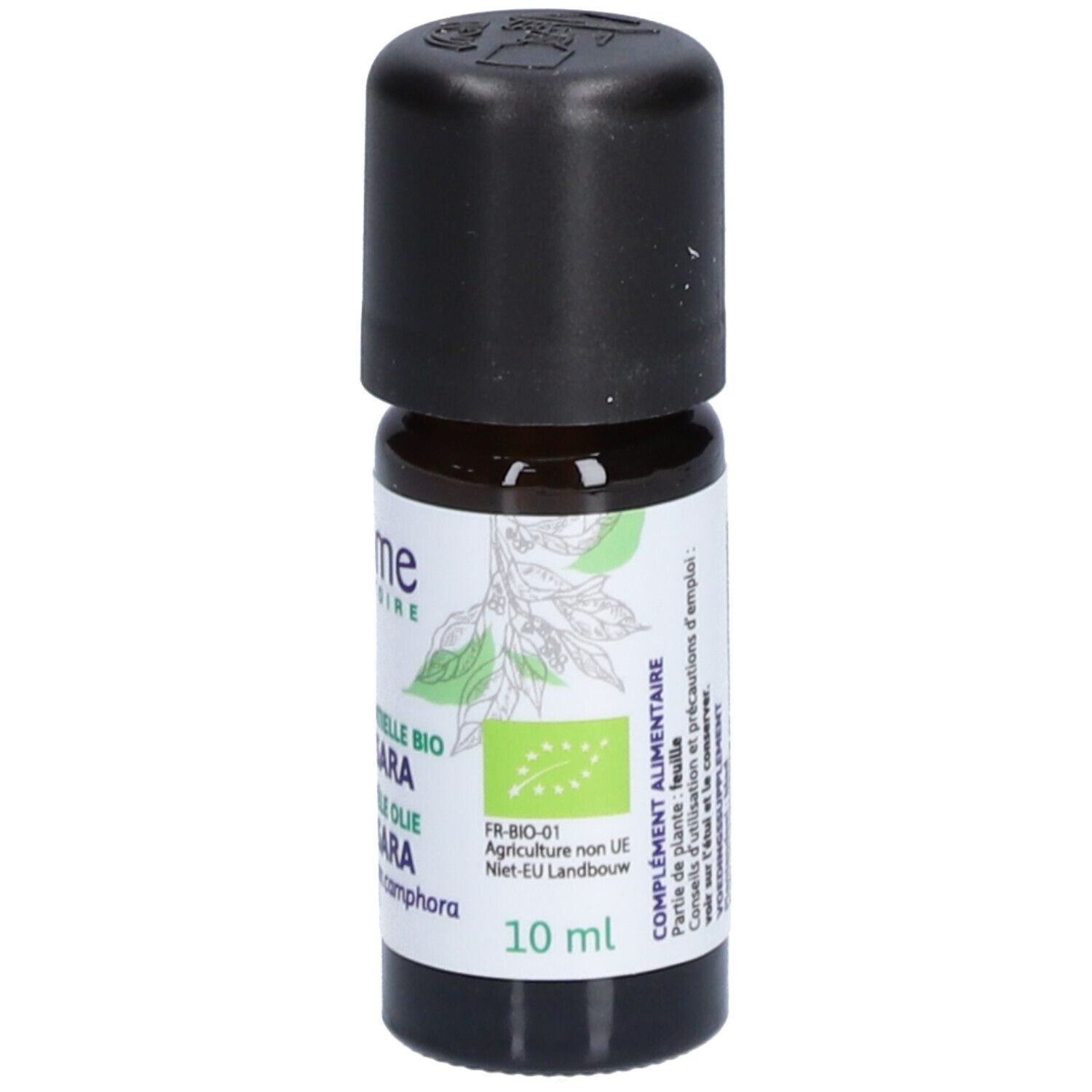 Bruine glazen fles met zwarte dop. Opschrift: Huile Essentielle Bio Ravintsara. Label met logo.