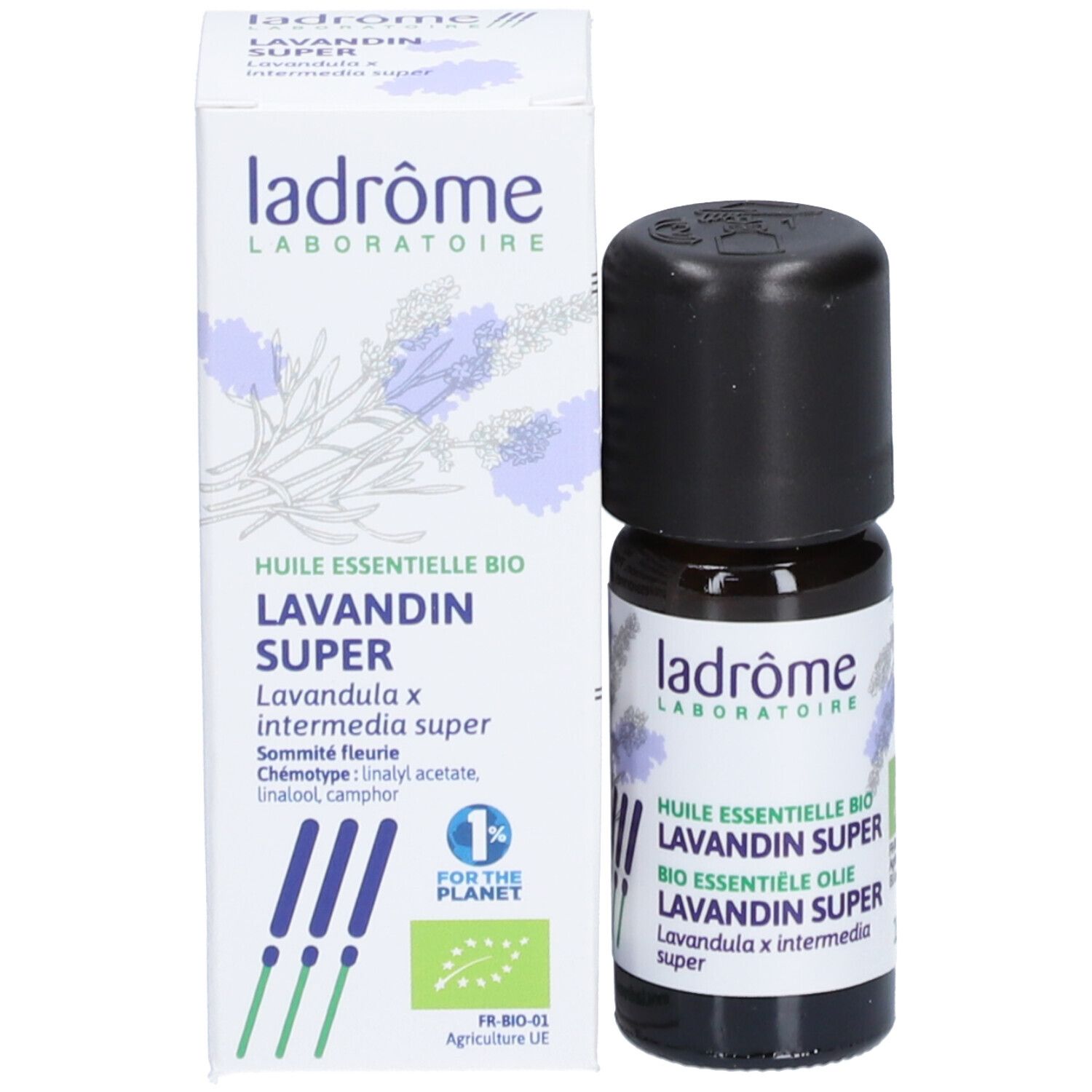 Flacon en verre brun avec bouchon noir et étiquette. Boîte blanche avec informations produit.