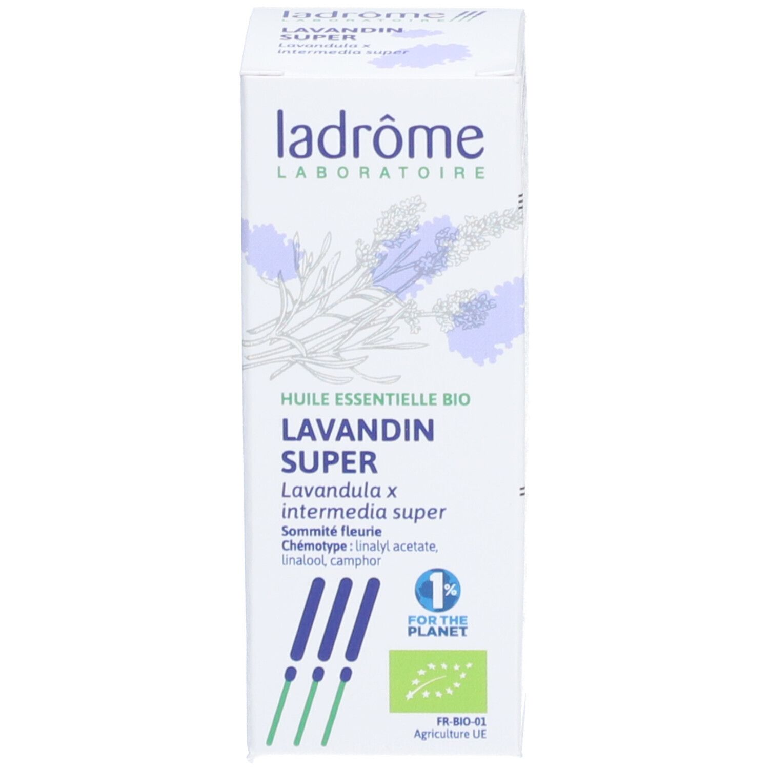 Boîte blanche avec informations produit et logo. Illustration de lavande.