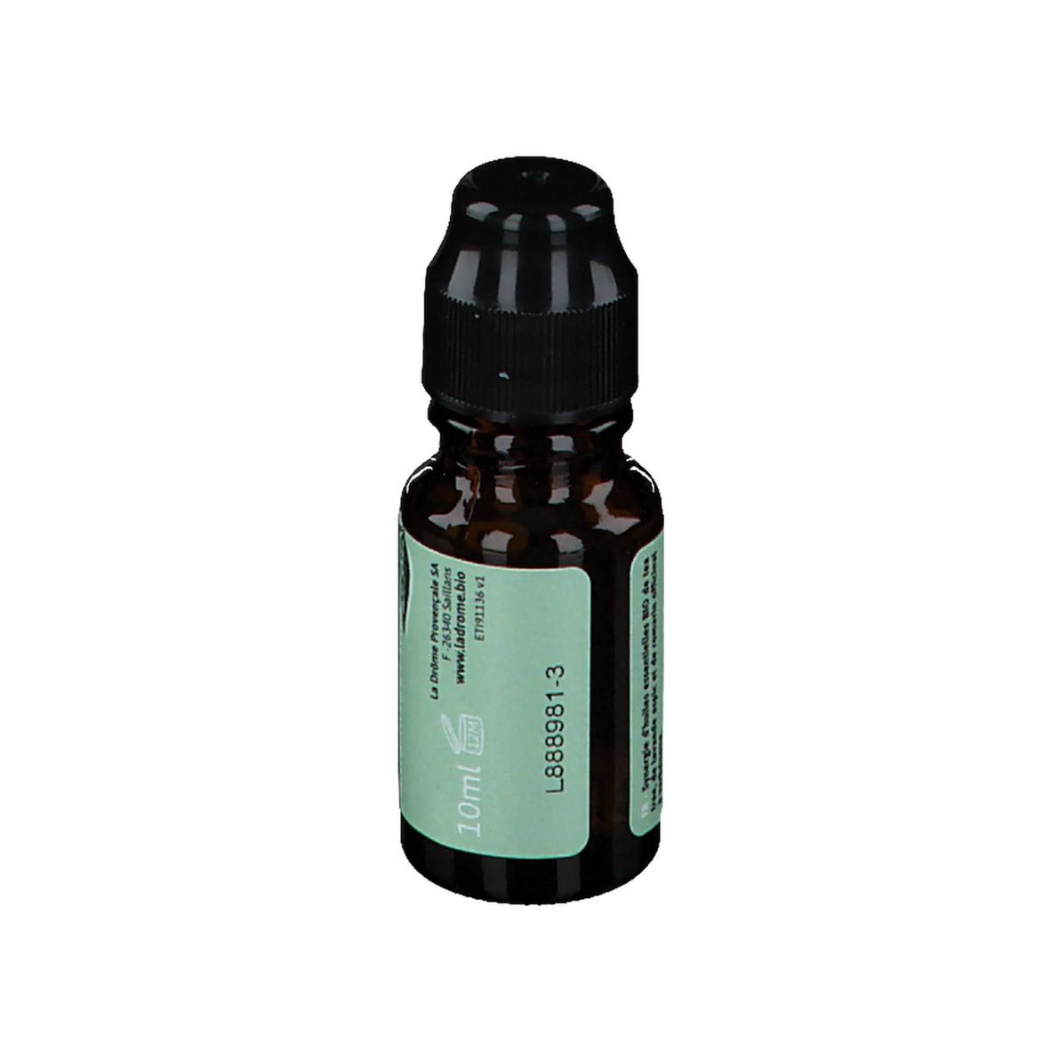 Flacon en verre brun avec bouchon noir. Étiquette verte avec texte et numéro de lot. Volume : 10 ml.