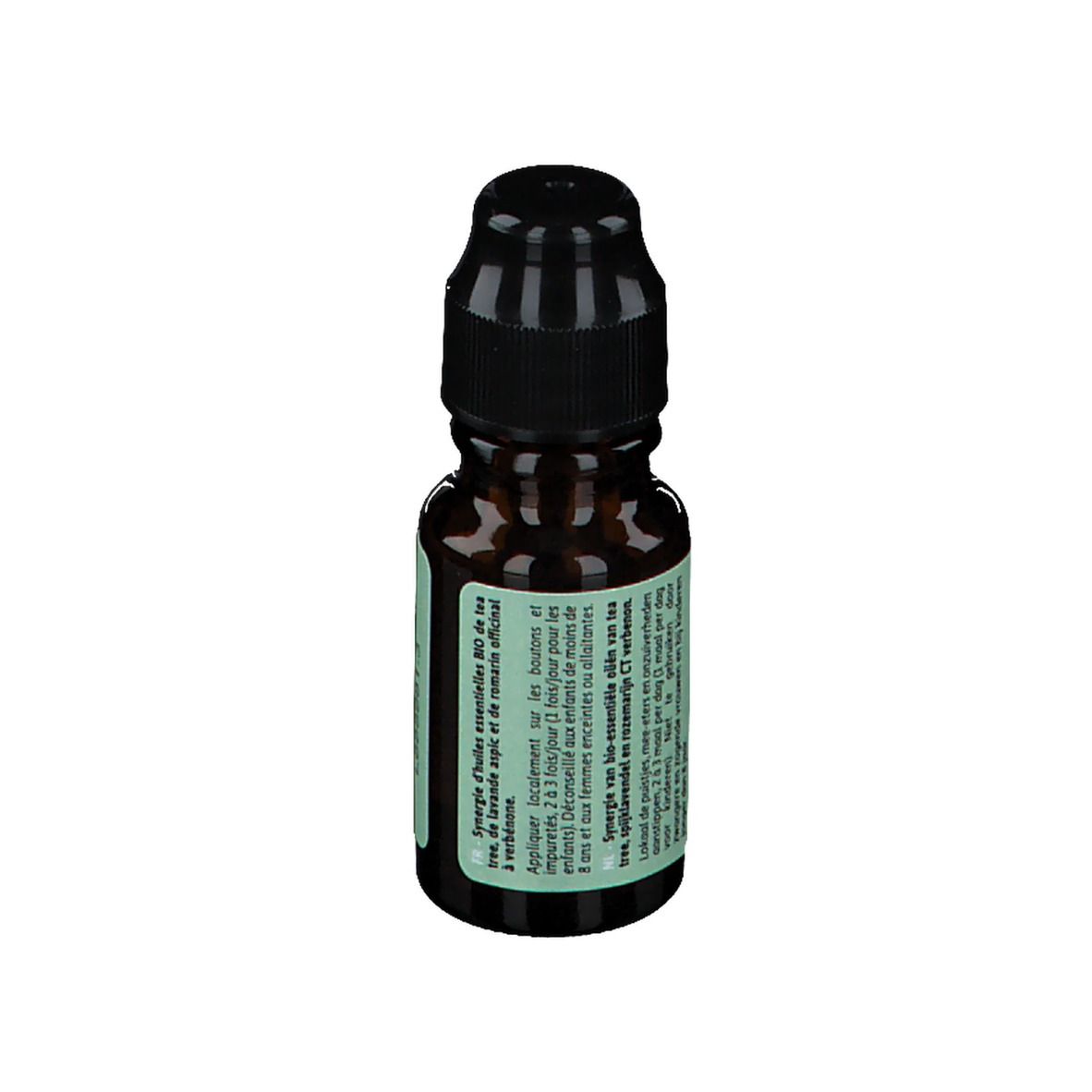 Flacon en verre brun avec bouchon noir. Étiquette verte avec texte. Informations sur le produit et ingrédients.