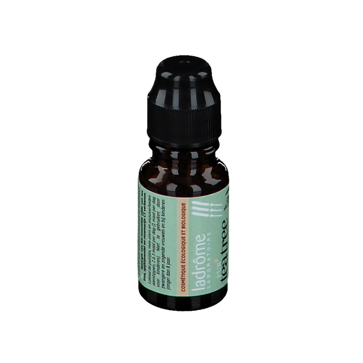Flacon en verre brun avec bouchon noir. Étiquette verte avec texte. Produit cosmétique biologique.