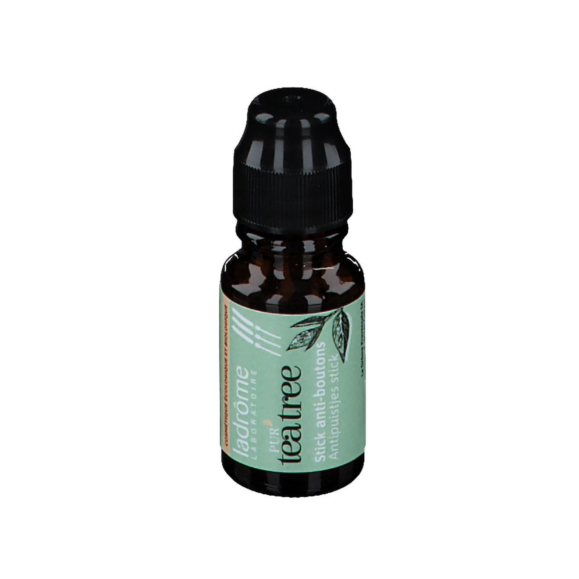 Flacon en verre brun avec bouchon noir. Étiquette verte avec texte. Nom du produit : tea tree Stick anti-boutons.