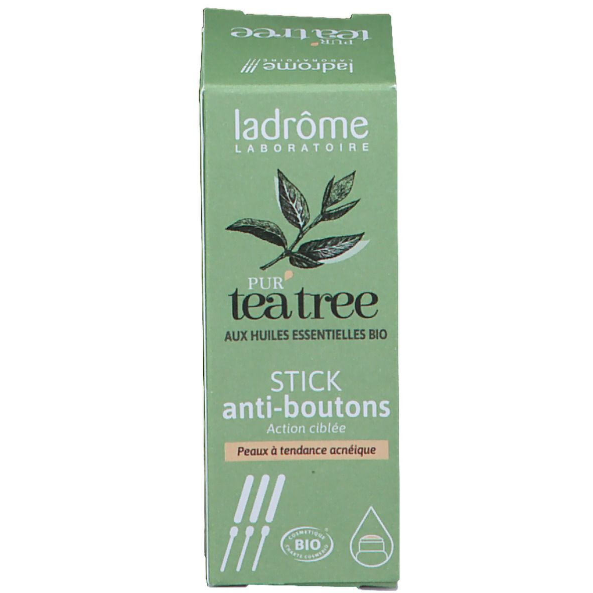 Emballage vert du produit. Texte : PUR tea tree Stick anti-boutons. Certification bio.
