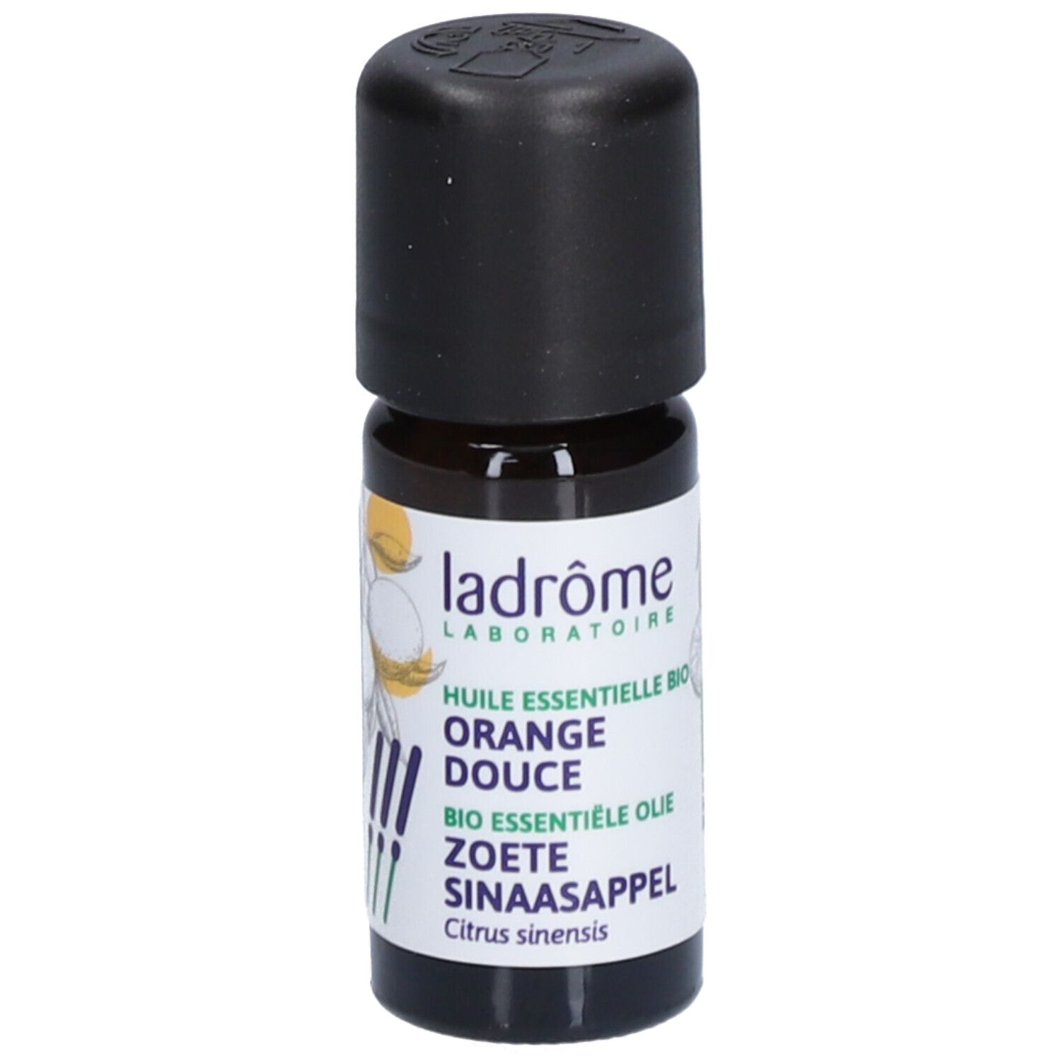 Bruine glazen fles met zwarte dop. Opschrift: Ladrôme, Orange Douce, Bio, Zoete Sinaasappel.