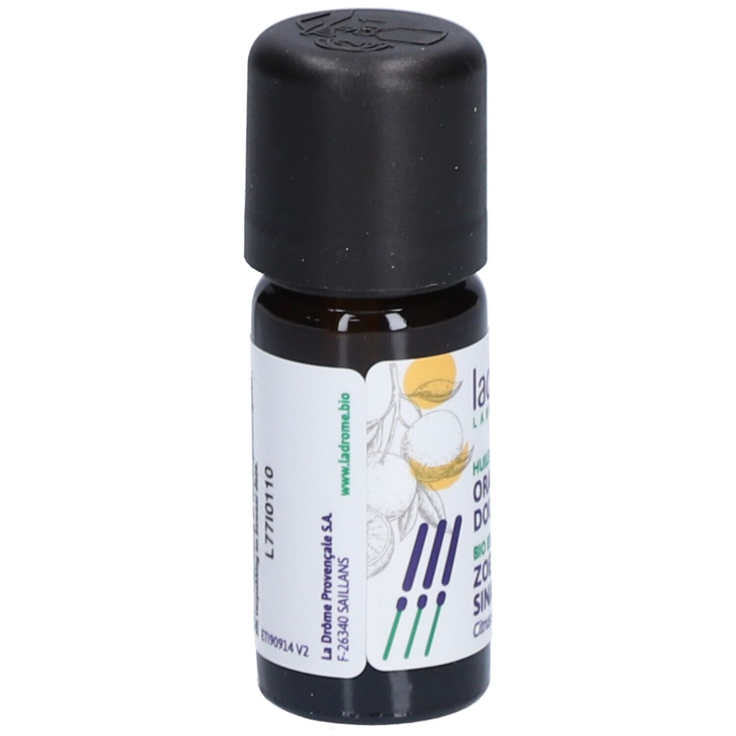 Bruine glazen fles met zwarte dop. Opschrift: Ladrôme, Orange Douce, Bio, Zoete Sinaasappel.