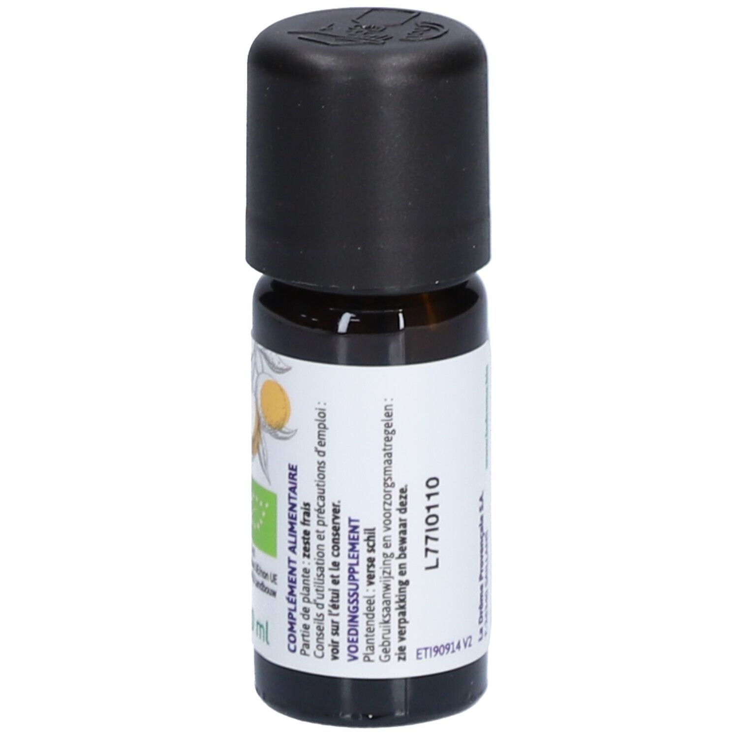 Bruine glazen fles met zwarte dop. Opschrift: Ladrôme, Orange Douce, Bio, Zoete Sinaasappel.