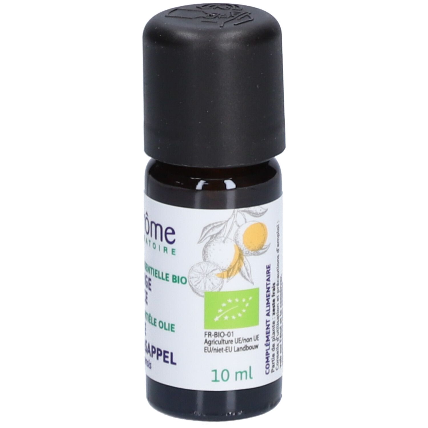 Bruine glazen fles met zwarte dop. Opschrift: Ladrôme, Orange Douce, Bio, Zoete Sinaasappel.