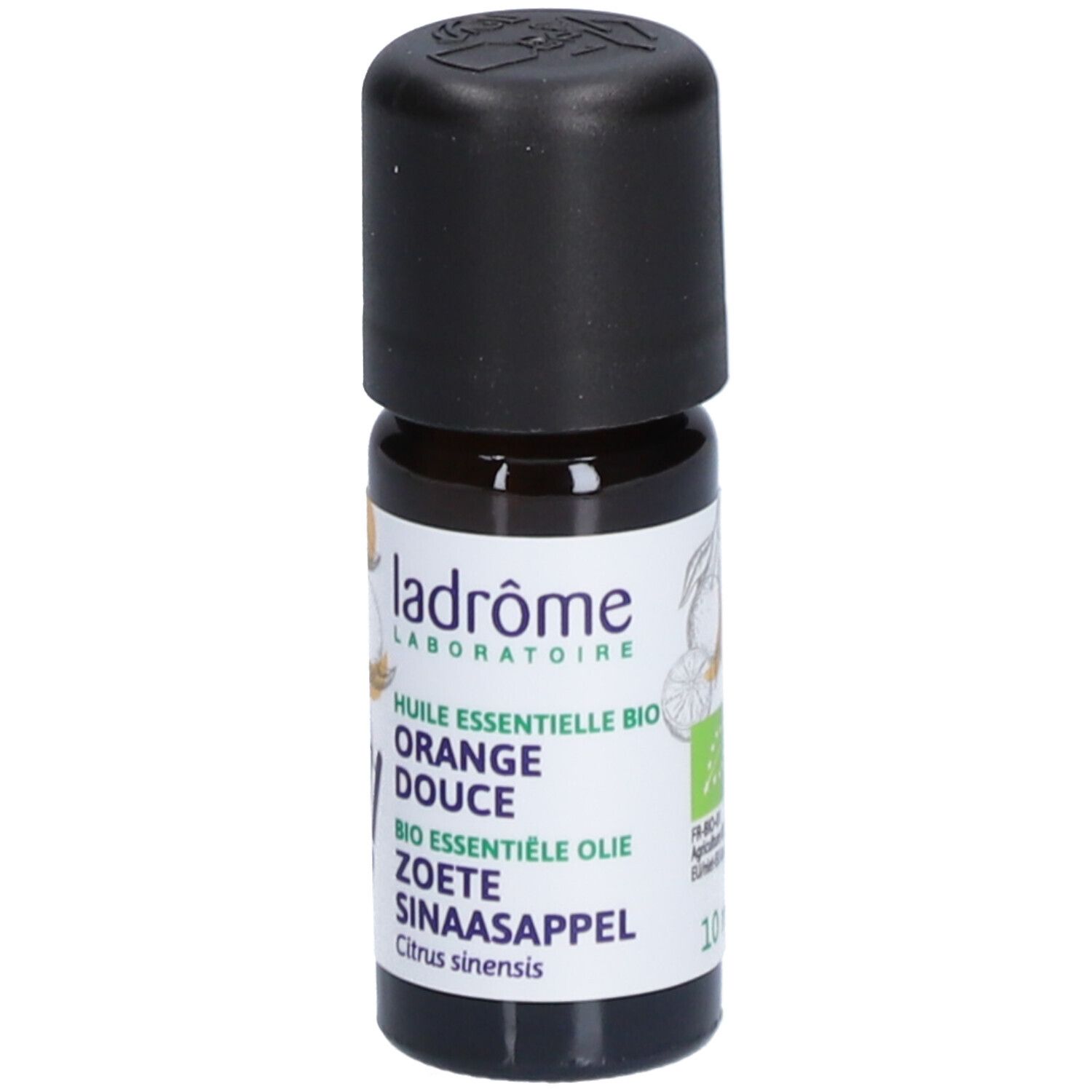 Bruine glazen fles met zwarte dop. Opschrift: Ladrôme, Orange Douce, Bio, Zoete Sinaasappel.