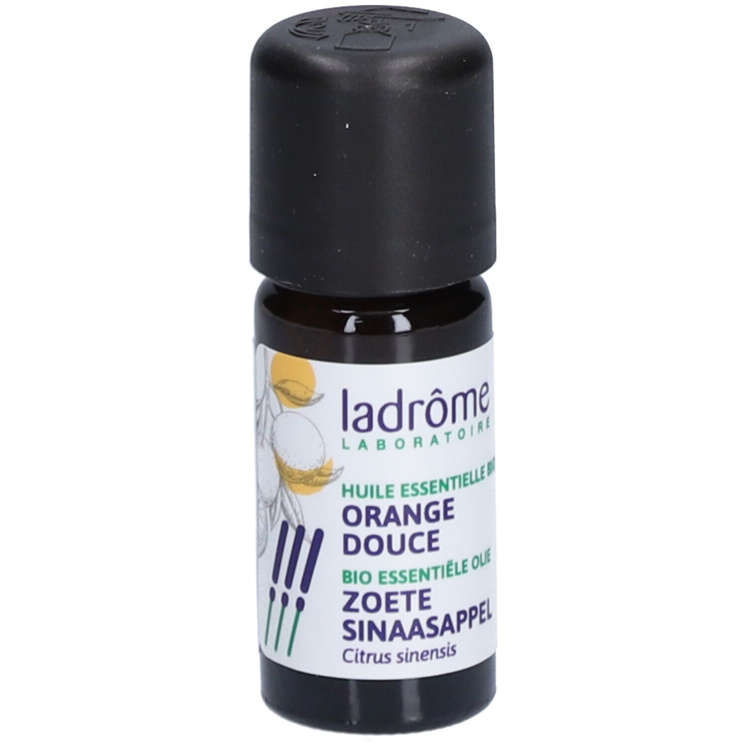 Bruine glazen fles met zwarte dop. Opschrift: Ladrôme, Orange Douce, Bio, Zoete Sinaasappel.
