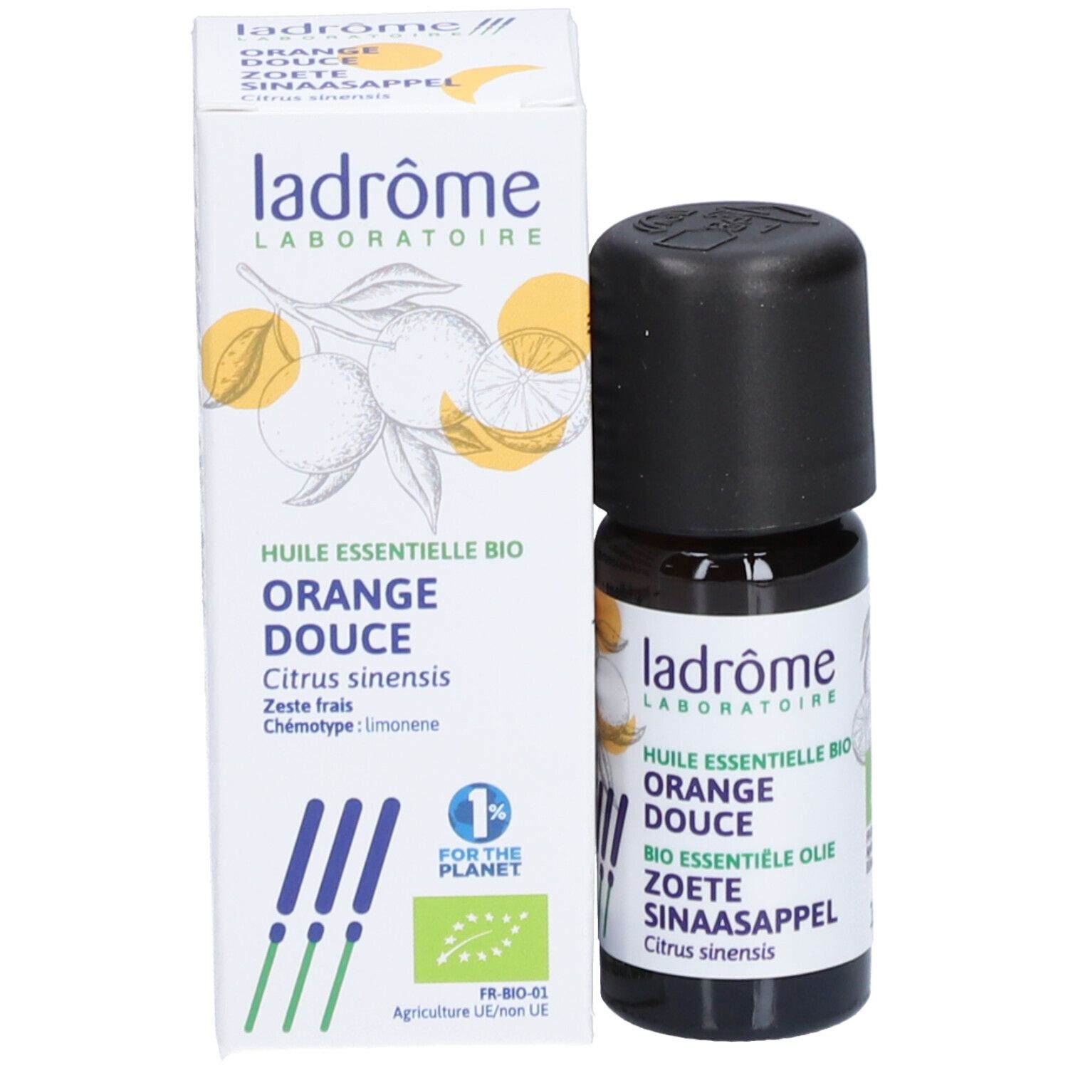 Bruine glazen fles met zwarte dop. Opschrift: Ladrôme, Orange Douce, Bio, Zoete Sinaasappel.