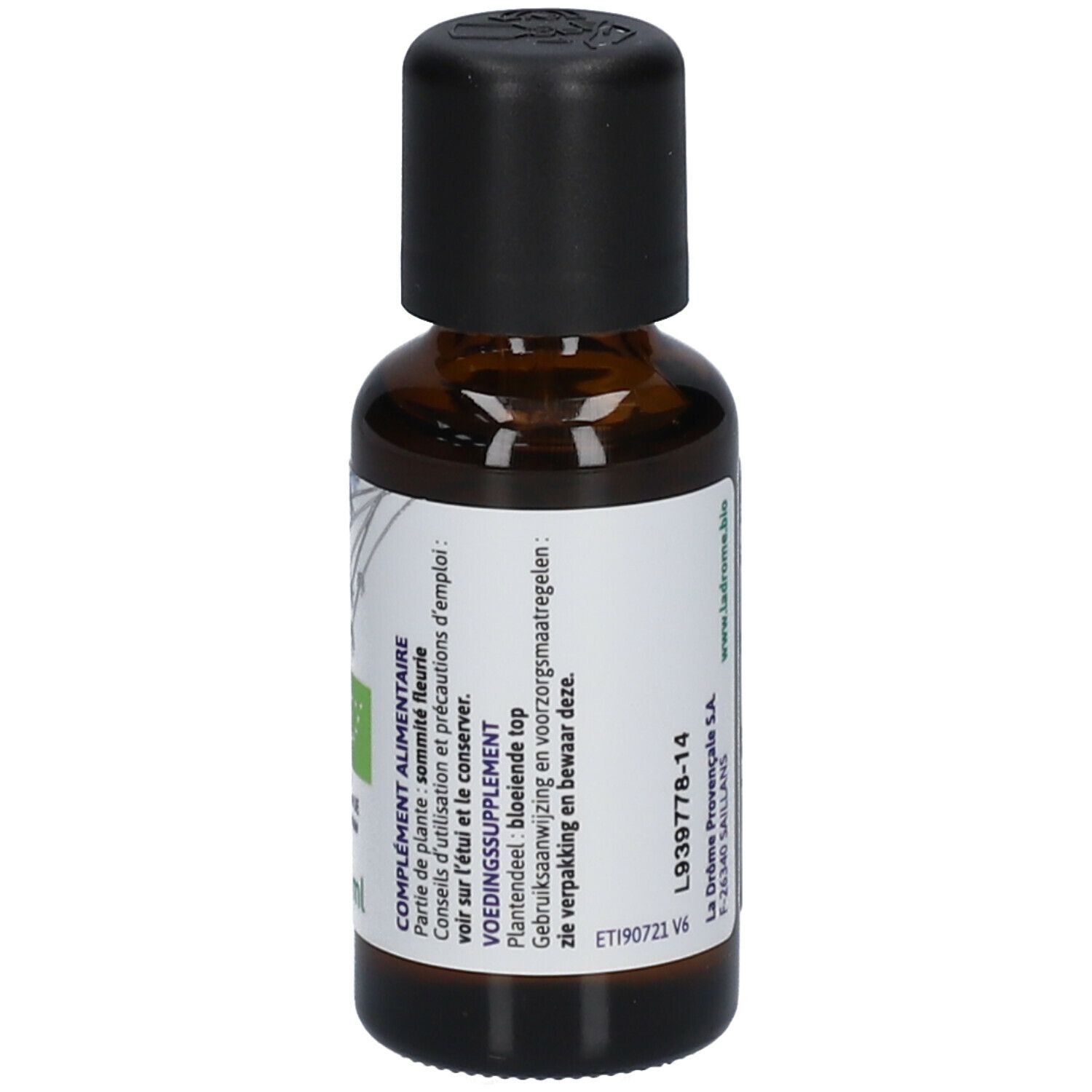 Bruine glazen fles met zwarte dop. Achterkant: Voedingssupplement, gebruiksaanwijzing, voorzorgsmaatregelen.
