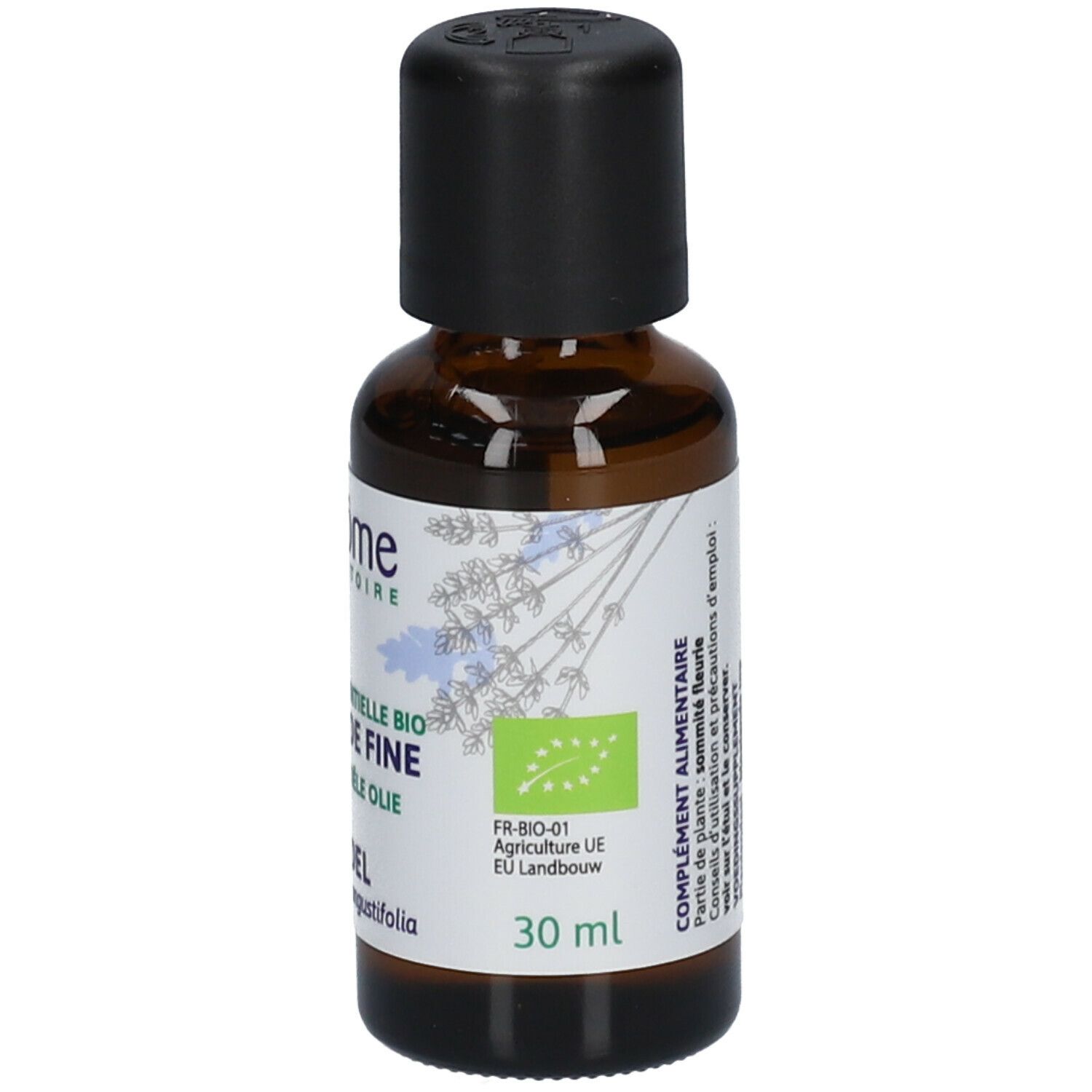 Bruine glazen fles met zwarte dop. Etiket: Ladrôme, lavendel, essentiële olie. 30 ml, bio-certificering.