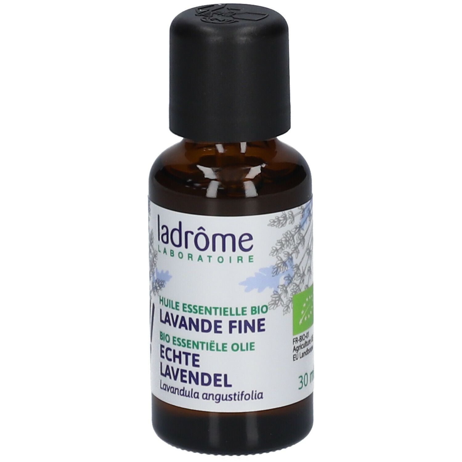 Bruine glazen fles met zwarte dop. Etiket: Ladrôme, lavendel, essentiële olie. Bio-certificering, 30 ml.