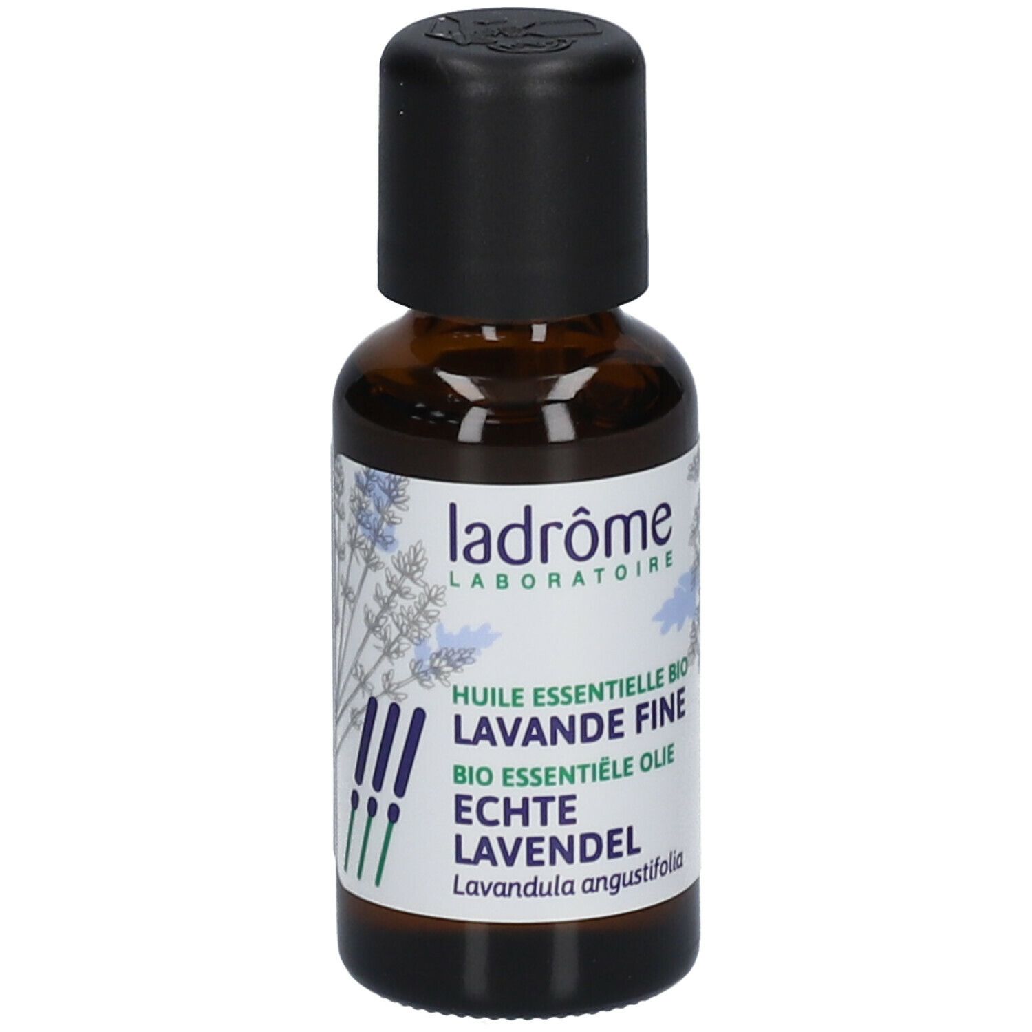 Bruine glazen fles met zwarte dop. Etiket: Ladrôme, lavendel, essentiële olie. Bio-certificering.