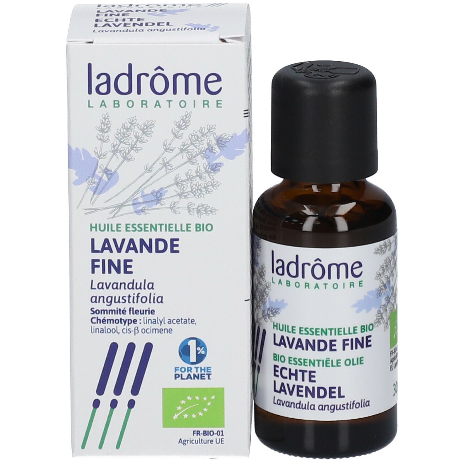 Bruine glazen fles en doos. Op de doos: Ladrôme, lavendel, essentiële olie. Bio-certificering, 30 ml.