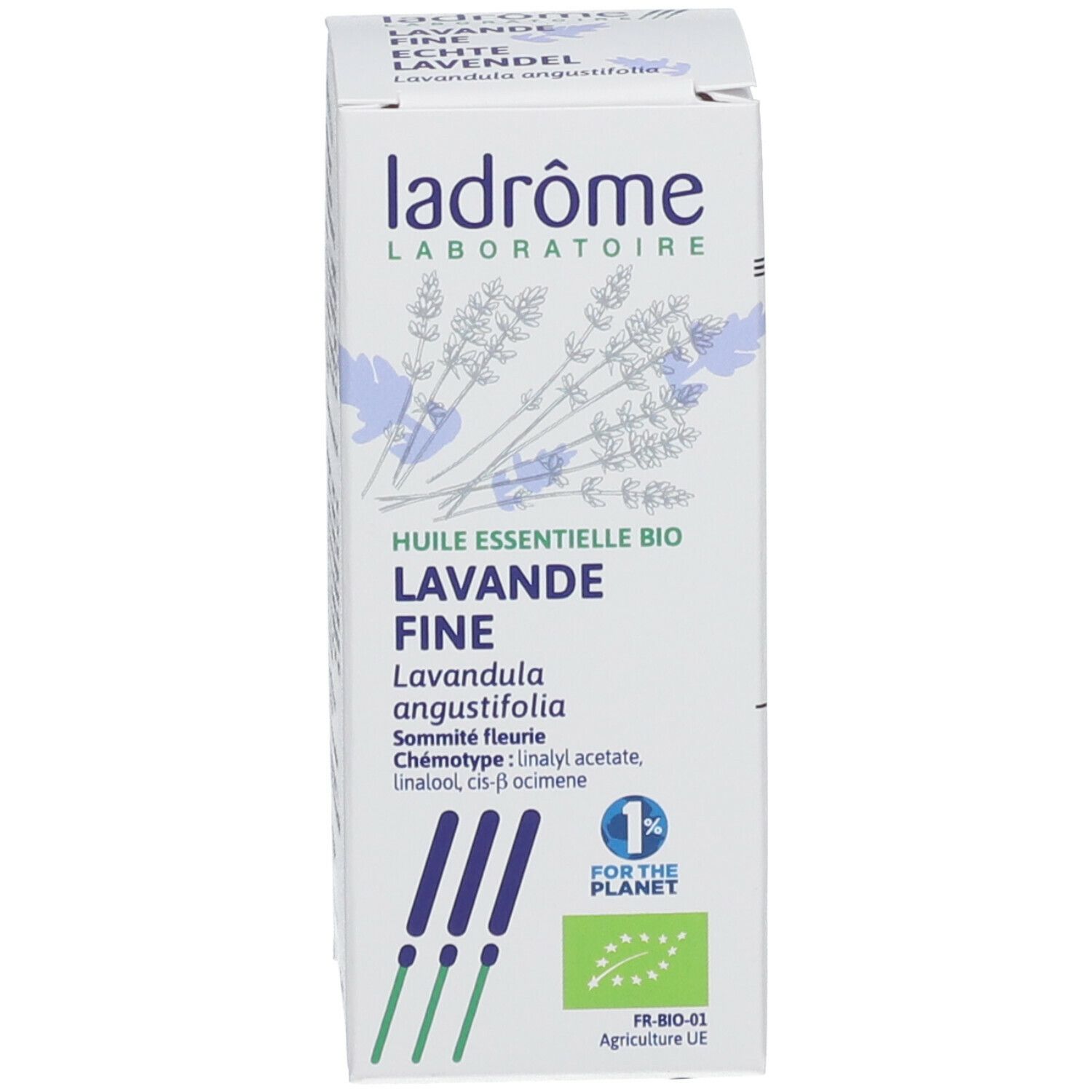 Doos met tekst: Ladrôme, lavendel, essentiële olie. Bio-certificering, 30 ml. Logo '1% for the planet'.