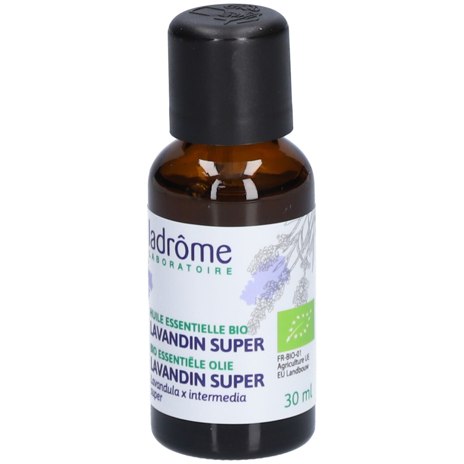 Braune Glasflasche mit schwarzem Deckel. Etikett mit Text und Logo von Ladrome. Bio-Zertifizierung, 30 ml.