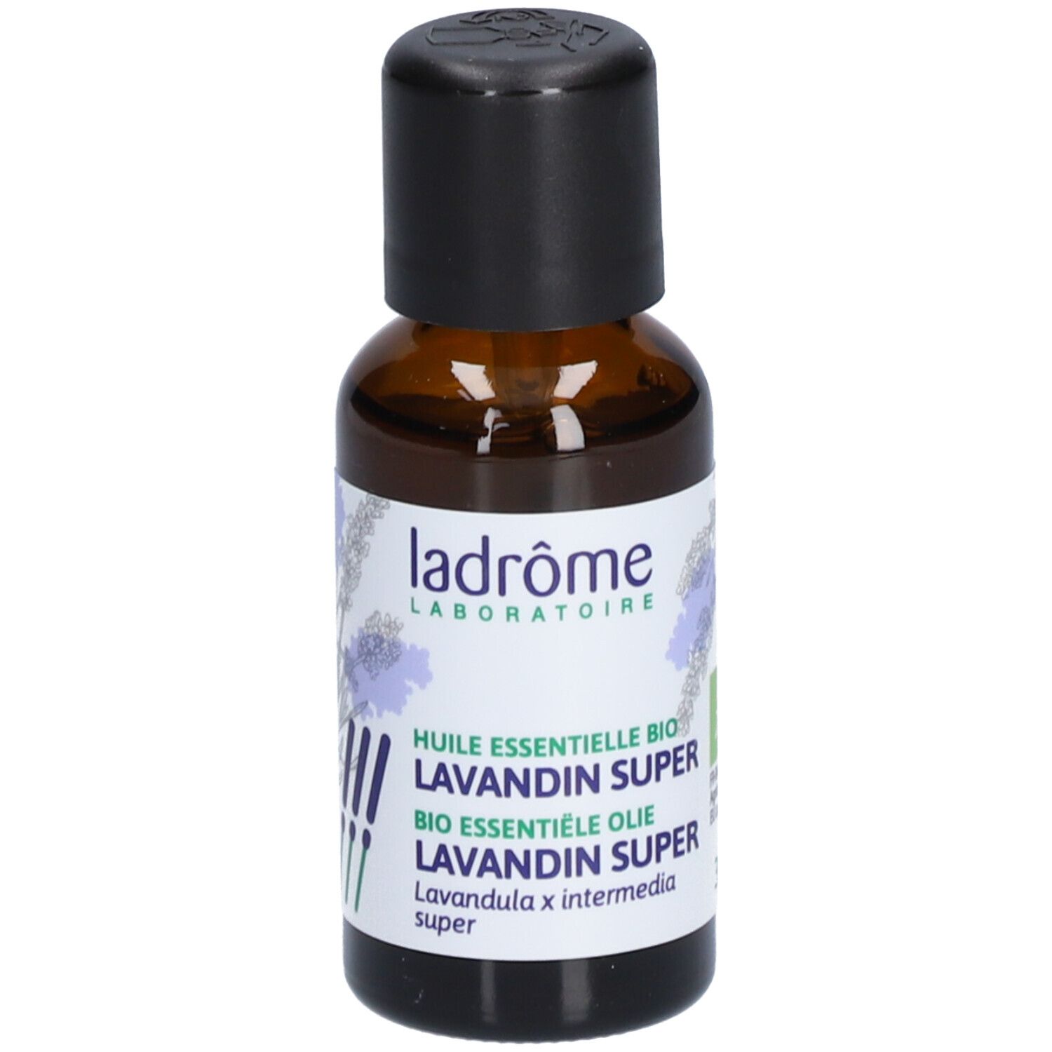 Braune Glasflasche mit schwarzem Deckel. Etikett mit Text und Logo von Ladrome. Bio-Zertifizierung, 30 ml.