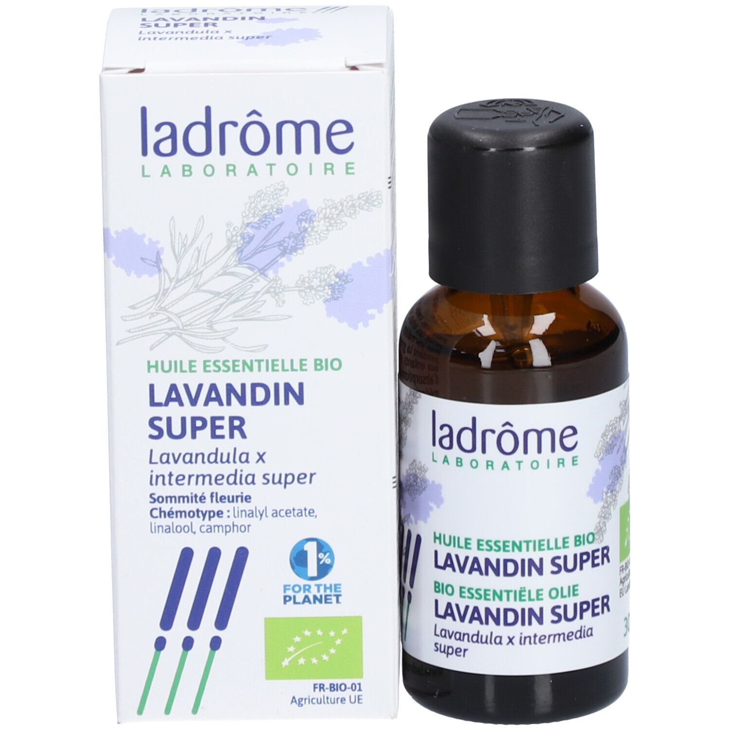 Produktflasche und Karton. Flasche: braunes Glas, schwarzer Deckel. Karton: weiß, Text, Logo Ladrome.